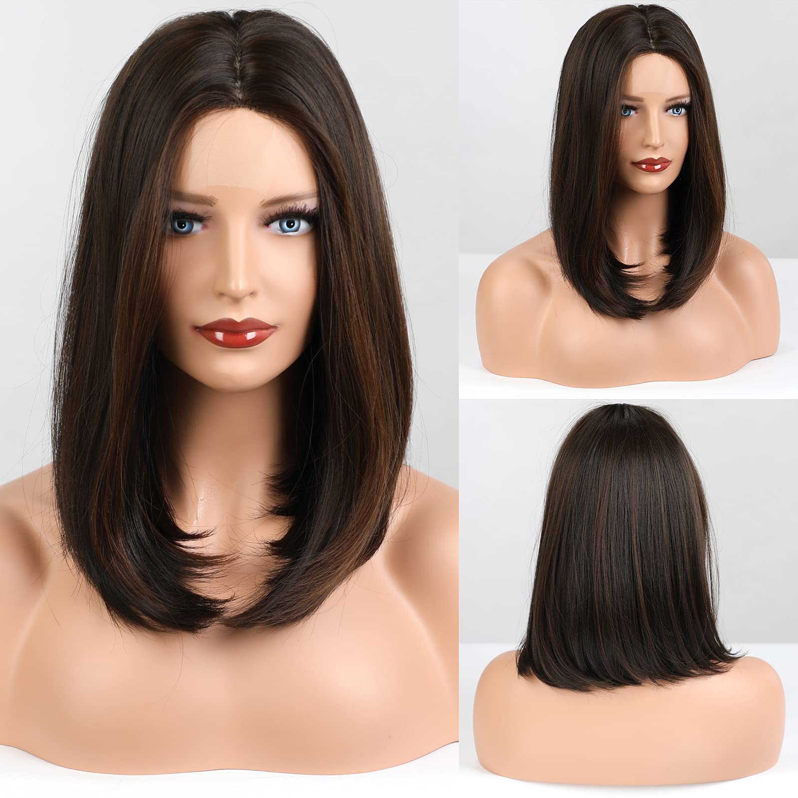 HAIRCUBE Short Dark Brown Bob Wigs Shoulder Length Wigs for Women Middle Part Heat Resistant Fibre Synthetic Wig Daily Natural l