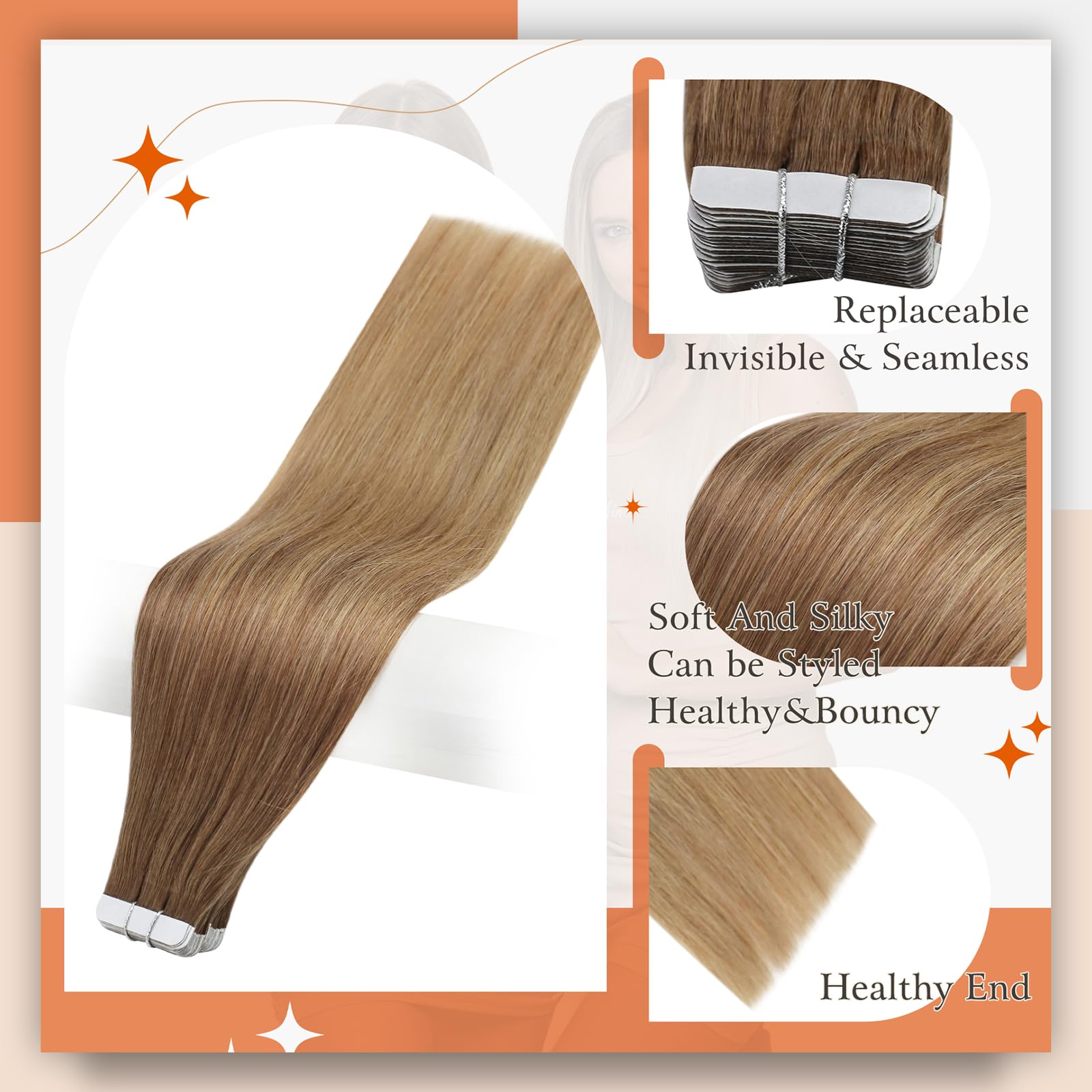 Full Shine Tape In Hair Extensions Human Hair 12Inch Tape In Extensions Color 10 Golden Brown To 14 Dark Blonde Ombre Tape In Hu