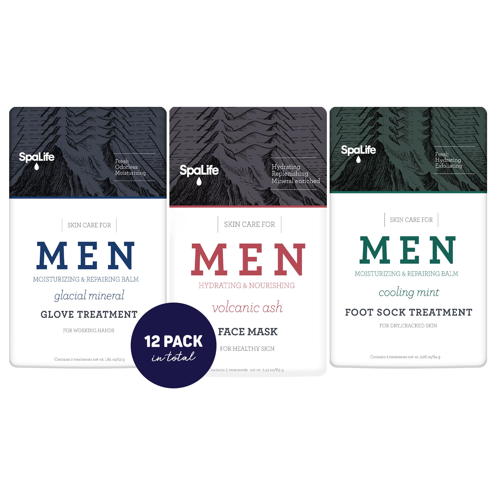 SpaLife Men's 12-Piece Spa Set: Repairing Hand Gloves for Dry Hands, Cooling Mint Foot Socks for Cracked Heels, and Moisturizing
