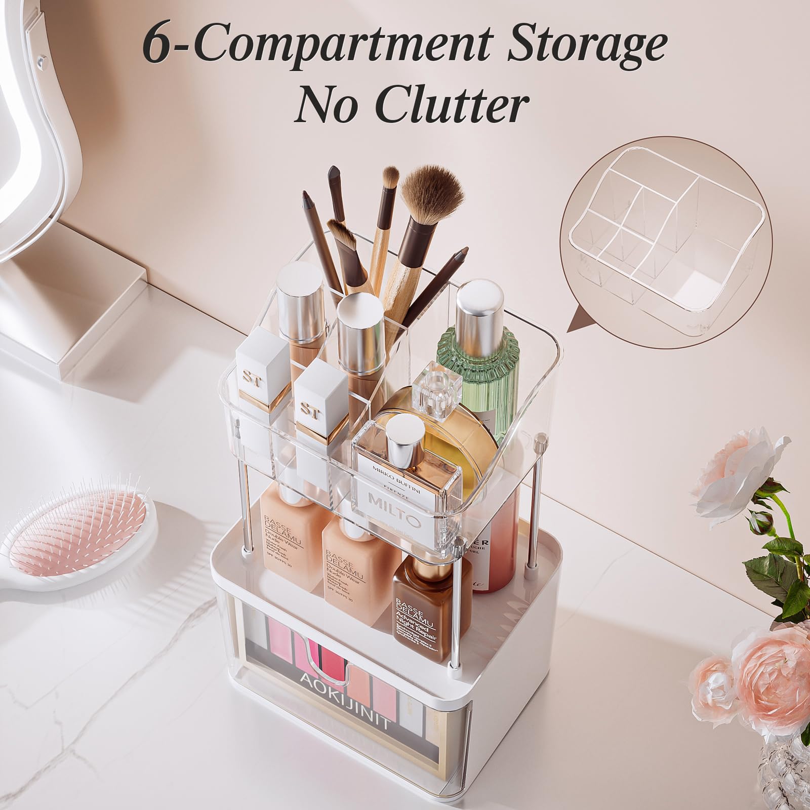 Delamu Bathroom Counter Organizer, 2-Tier Makeup Organizer For Vanity With Large Drawers, Skincare Organizer 6 Compartments For