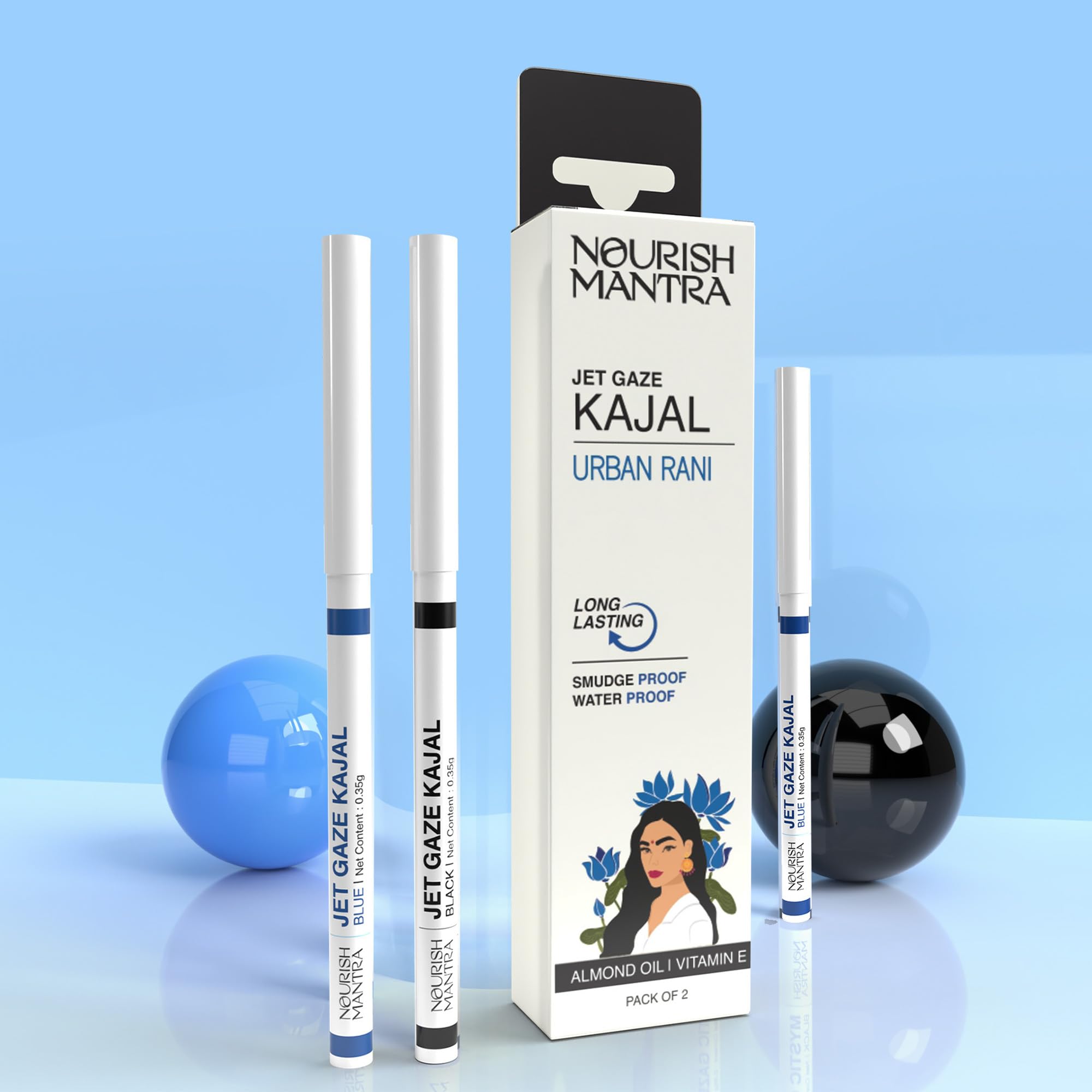 Nourish Mantra Jet Gaze Kajal Urban Rani - Combo - Black & Blue 0.35G | With Almond Oil, Argan Oil & Vitamin E | Intense Pigment