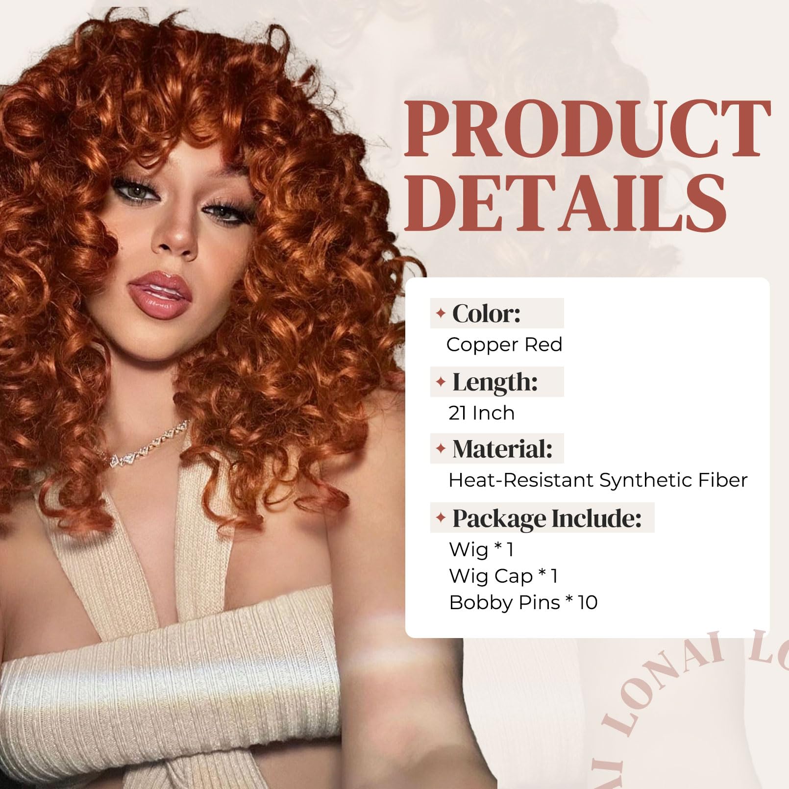 Lonai Copper Red Curly Wig Long Curly Wigs With Bangs For Women Wig006 Synthetic Hair Wig Vintage Hairstyle For Daily Use Party