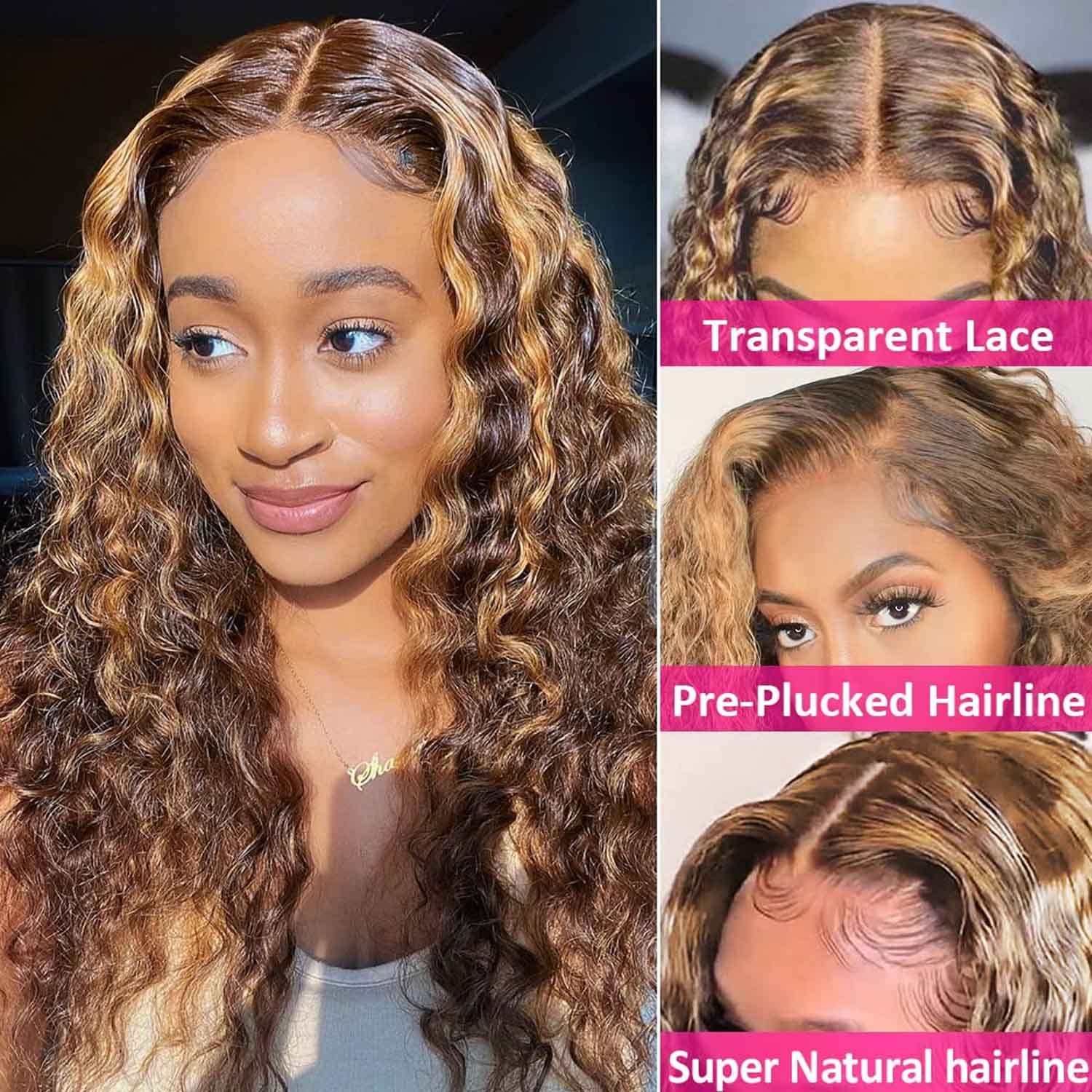 Highlight Ombre Hd Transparent 13X4 Lace Front Wigs Human Hair 180% Density Honey Blonde 4/27 Deep Wave Lace Front Wigs Human Ha
