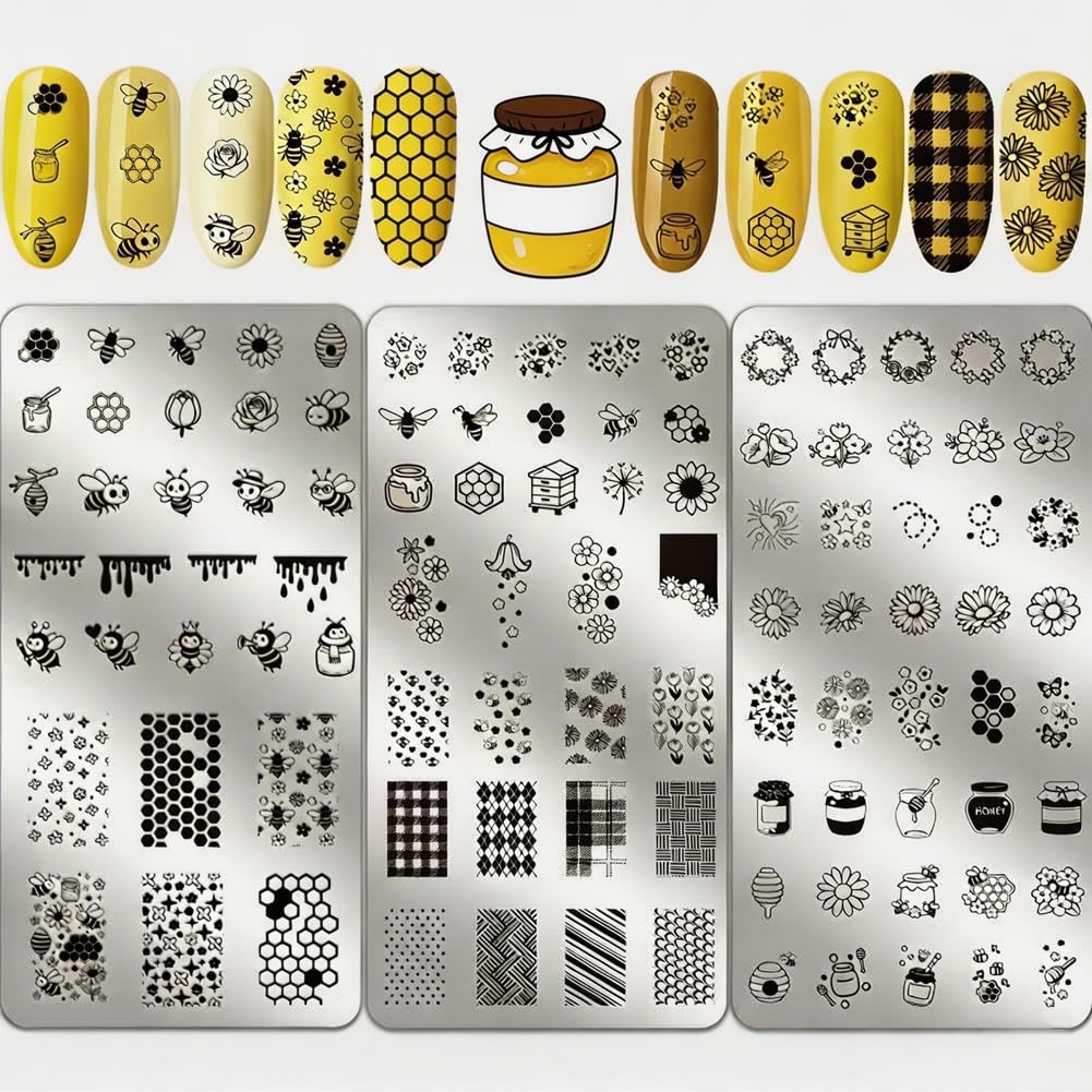 PRESSINART 3 Sheets Bee Nail Stamping Plates Flowers 4.72 x 2.36 Inch Stainless Steel Nail Art Plates Honeycomb Sunflowers Textu