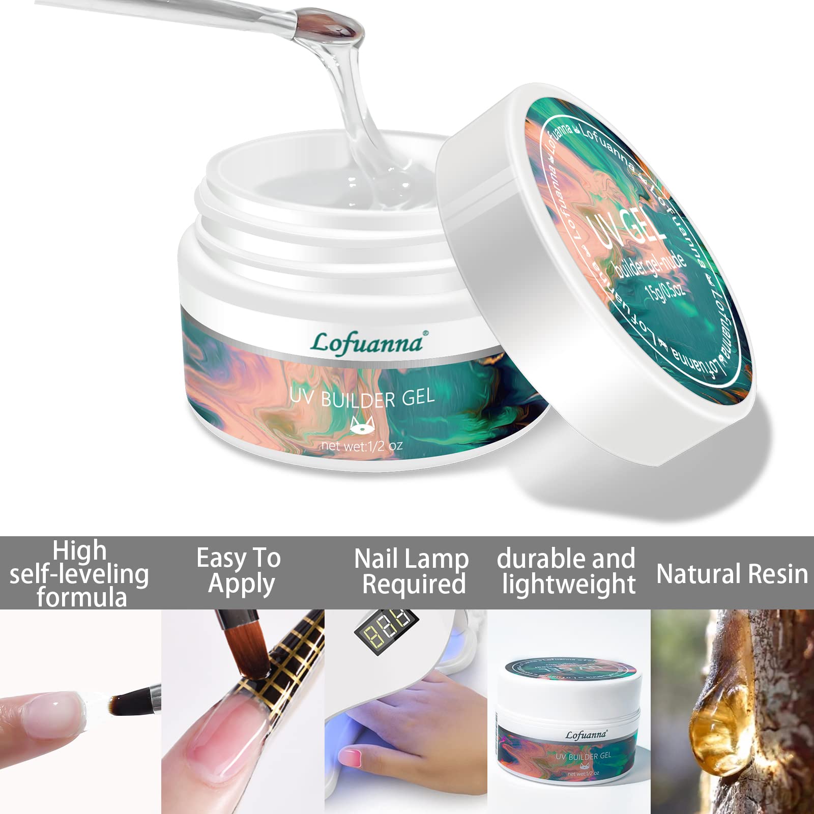 Builder Gel Lofuanna Nail Thickening Solution Clear Gel Builder For Nails Self-Leveling Formula Builder Gel with Nail Art Brush