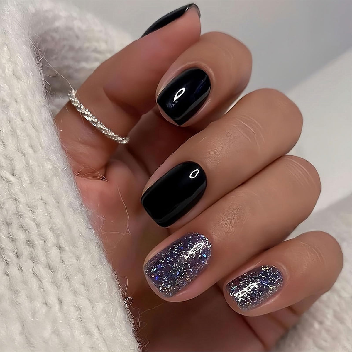 Short Press on Nails Square Fake Nails, Black Glitter Gel Acrylic Nails, Shiny Glossy False Nails Kits Salon Quality Stick Glue 