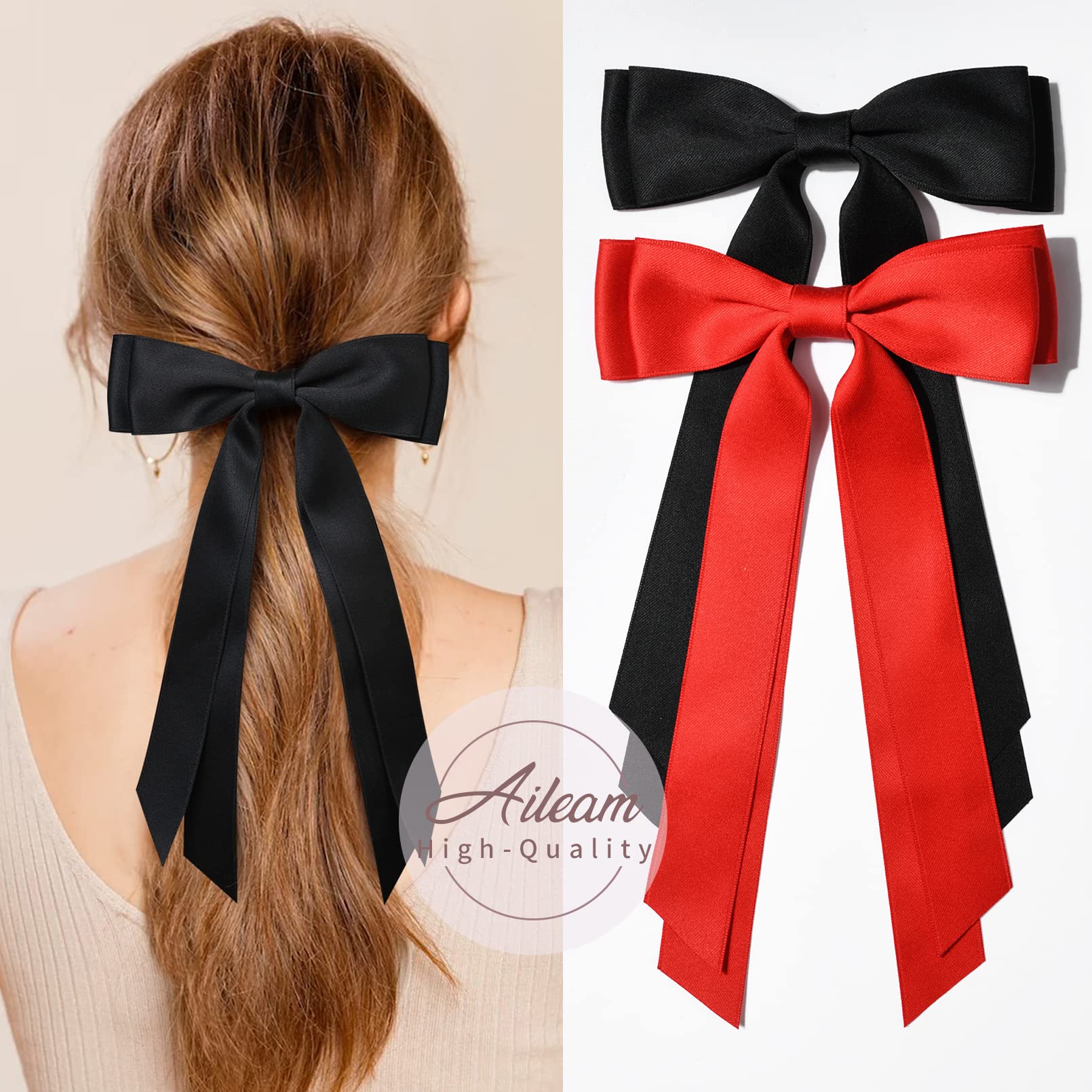 2Pcs Silky Satin Hair Bows Hair Clip Black Red Hair Ribbon Ponytail Holder Accessories Slides Metal Clips Hair Bow For Women Gir