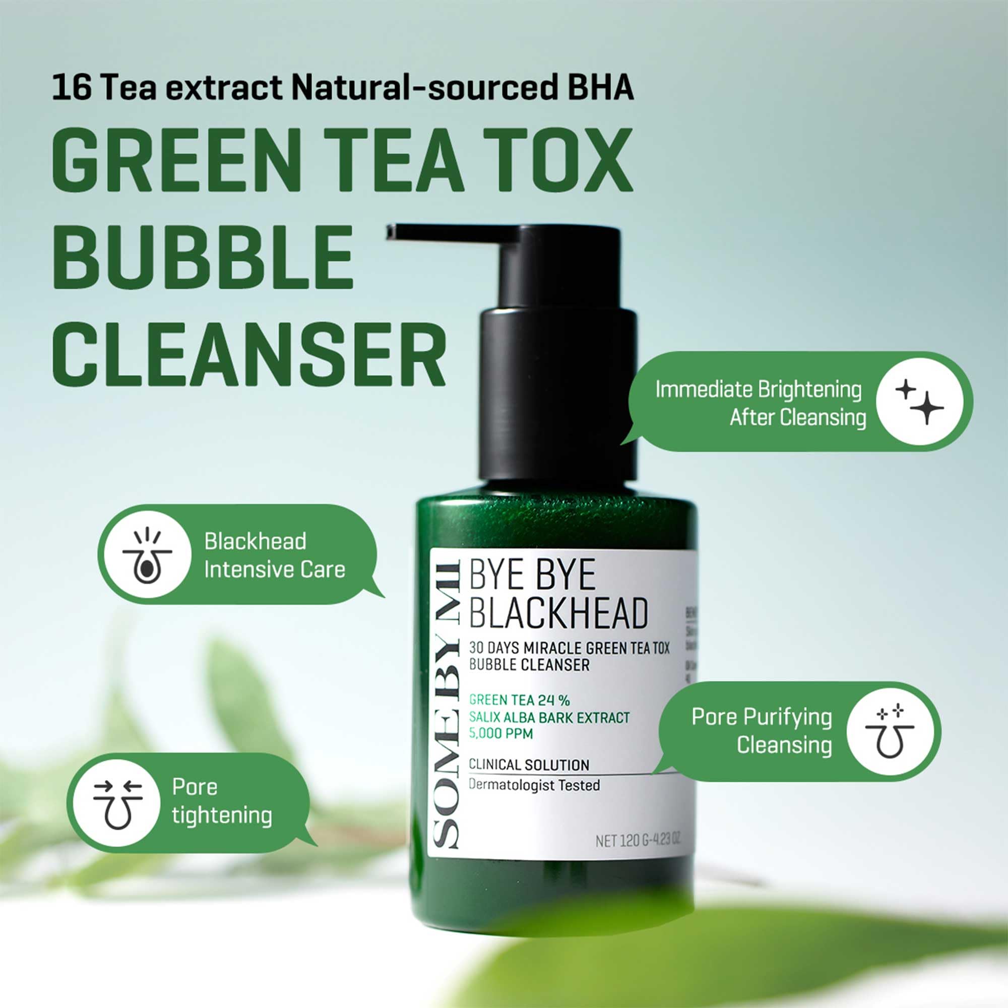 Some By Mi Bye Bye Blackhead 30 Days Miracle Green Tea Tox Bubble Cleanser - 423 Oz, 120G - Pore Cleaning, Brightening And Resto