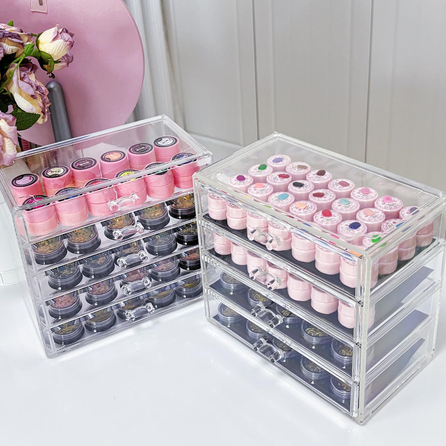 Guolich 4 Tier Nail Organizers and Storage Transparent Acrylic Nail Art Jewelry Accessories Storage Box Rack Shelf Display Stand