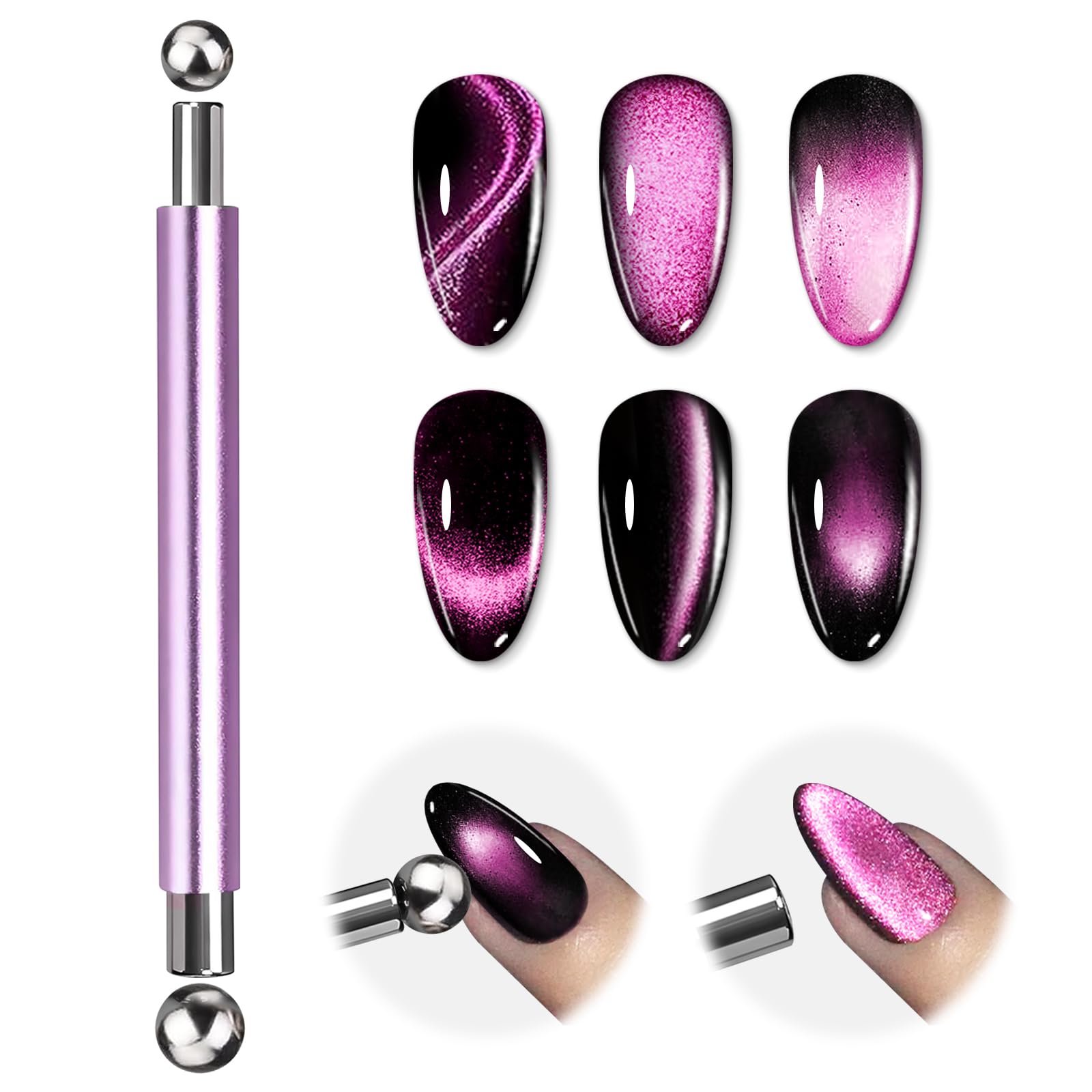 EBANKU 3-in-1 Cat Eye Magnet Nail Art Tool, Double-Head Cylindrical & Round Ball Nail Magnet Pens, Multi-Effect Magnets for Cat 