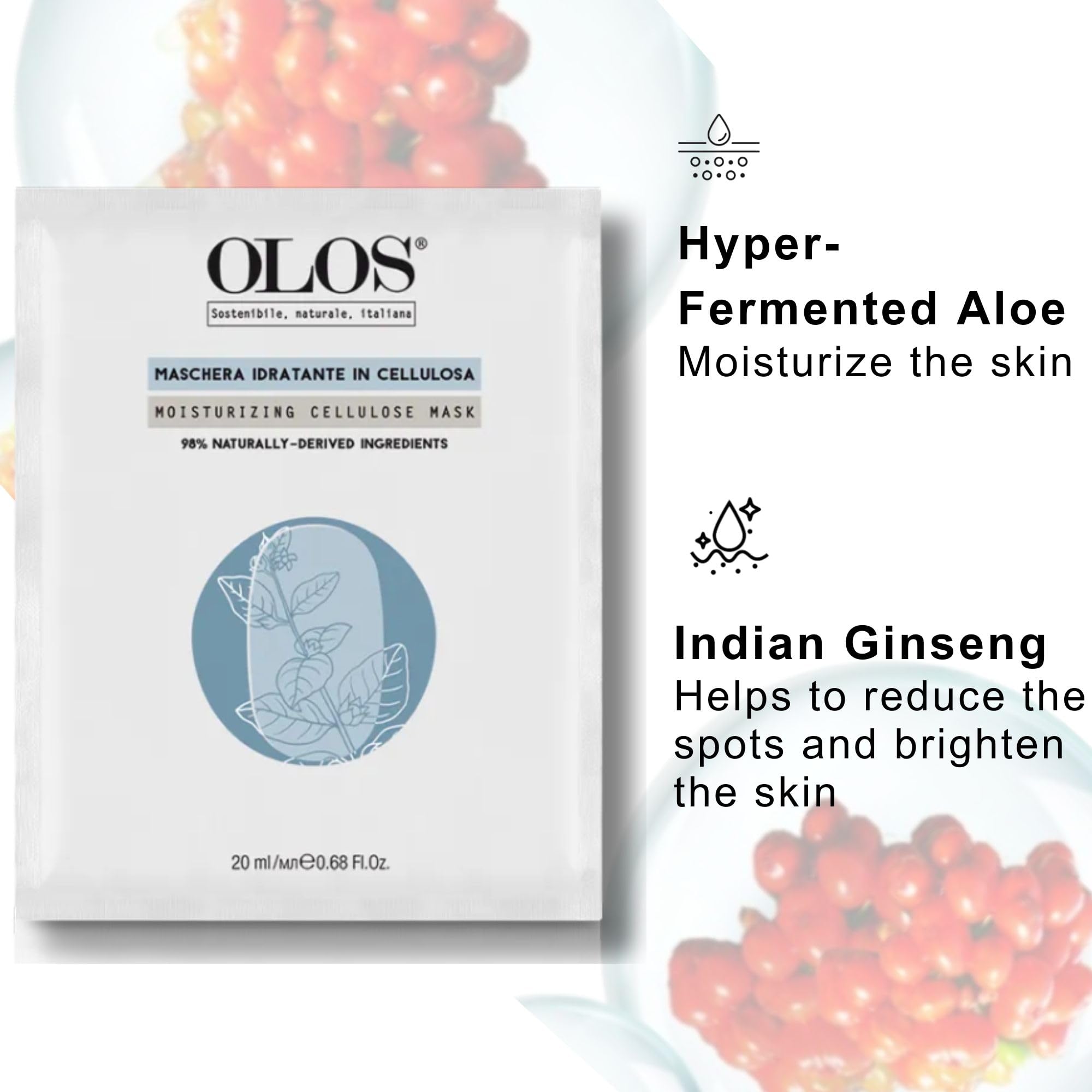 Olos Moisturizing Cellulose Mask, 0.67 Oz - Sheet Masks With Indian Ginseng, Hyper-Fermented Aloe - Antioxidant, Protective And