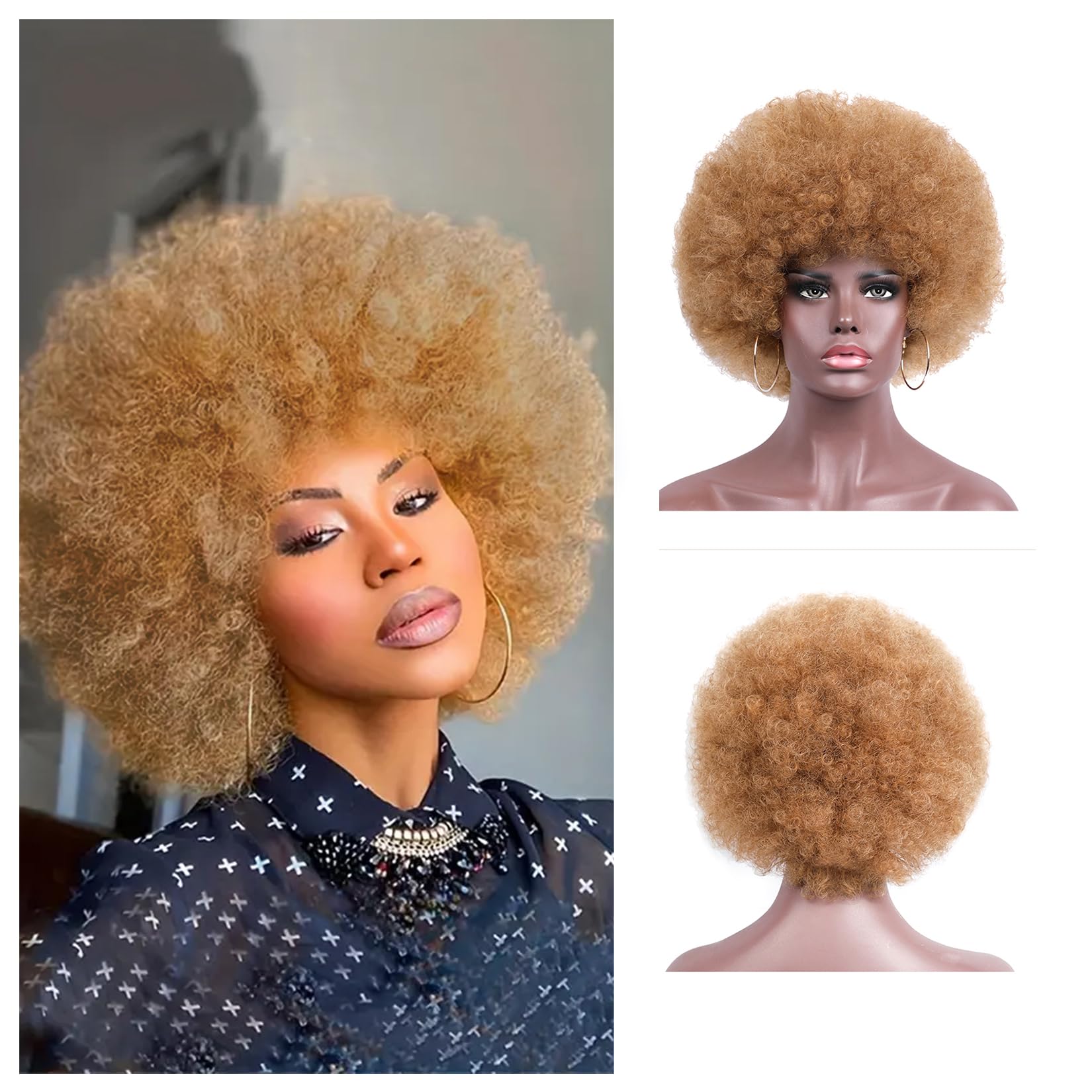 Kavsni Wig 70's Curly Wigs for Black Women Large Bouncy Fluffy and Soft Natural Looking Afro Kinky Wig 8 Inches (Gold Hoop Earri