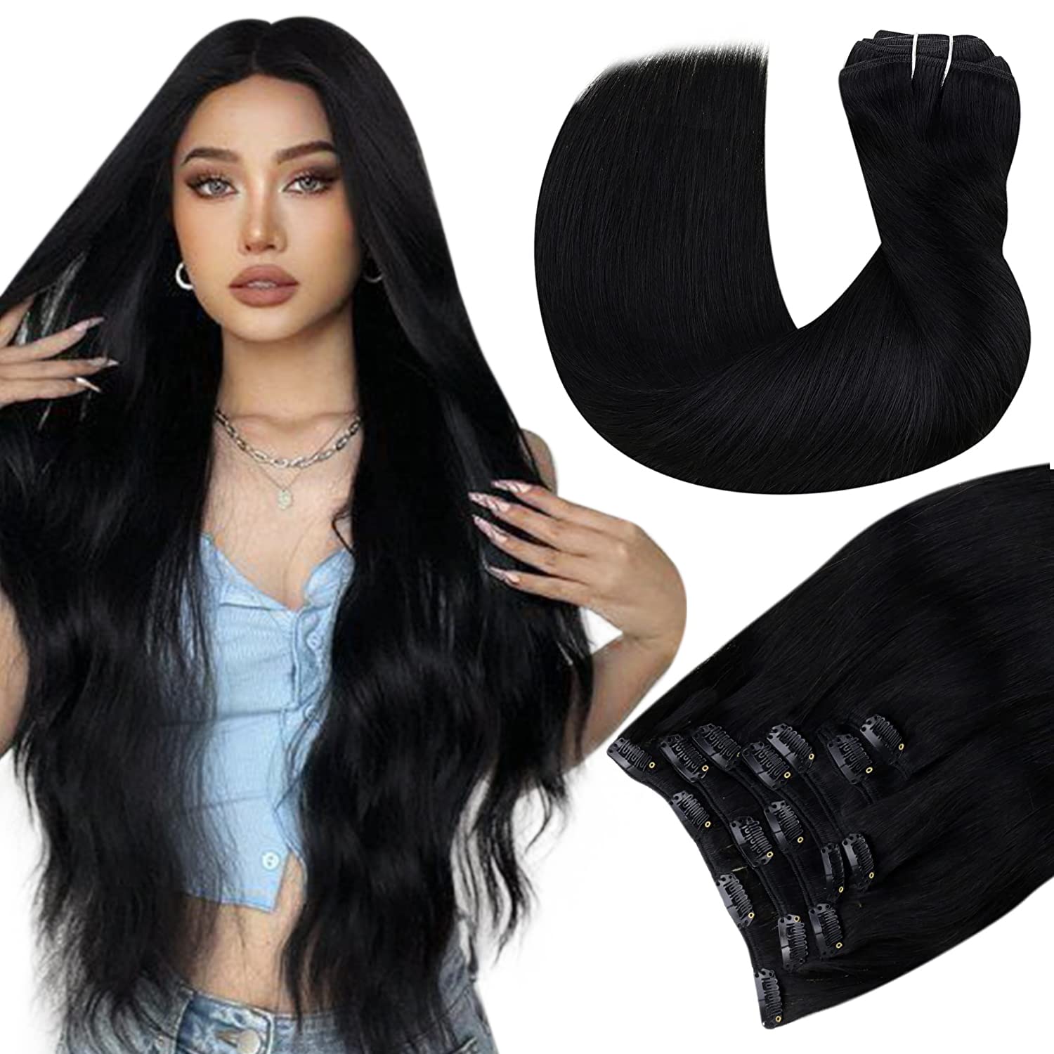 Hetto Black Clip in Human Hair Extensions #1 Jet Black Clip in Hair Extensions Human Hair Silky Straight Double Weft Clip in Ext