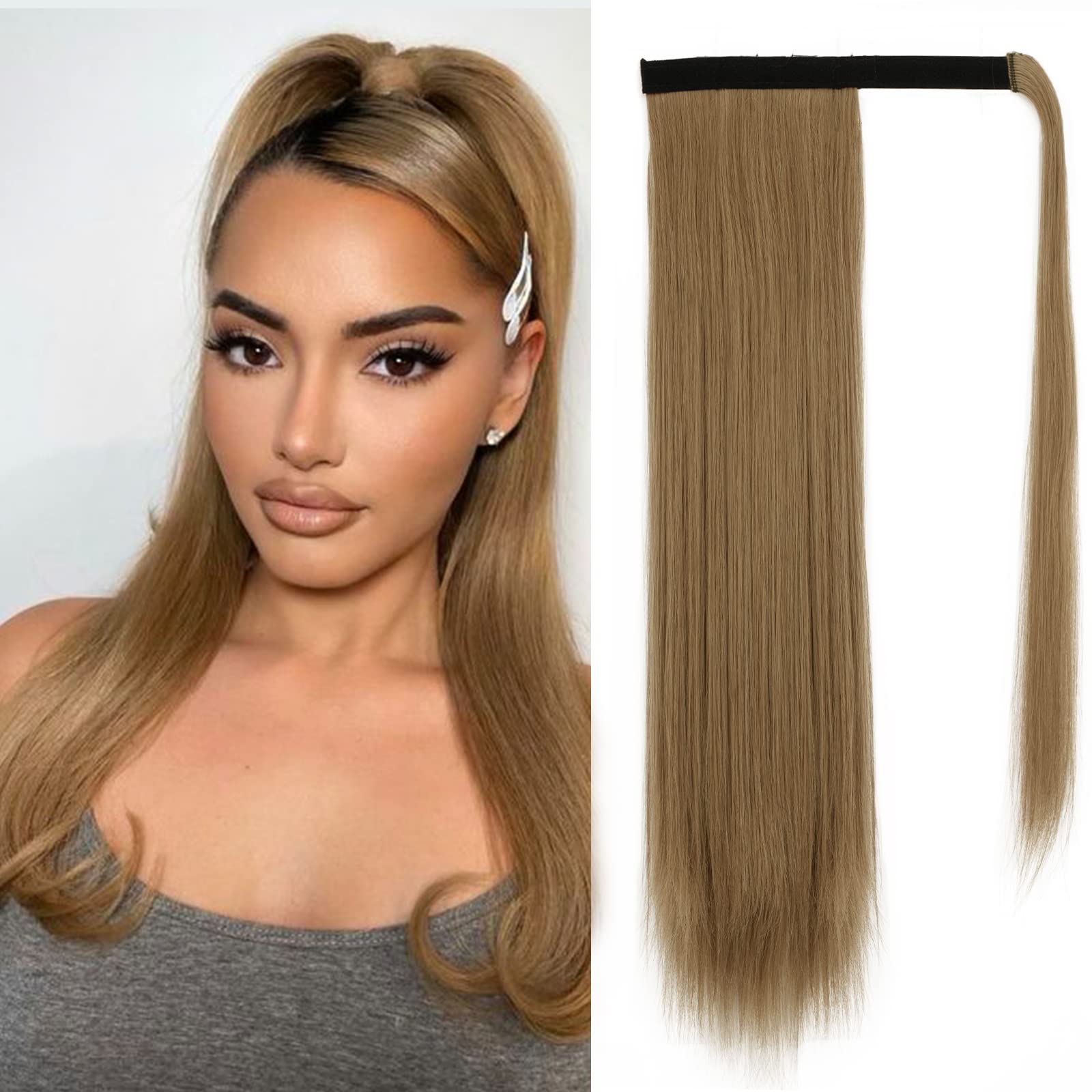 BARSDAR 18 Inch Ponytail Extension Long Straight Wrap Around Clip in Synthetic Fiber Hair for Women -Light Golden Brown & Pale G