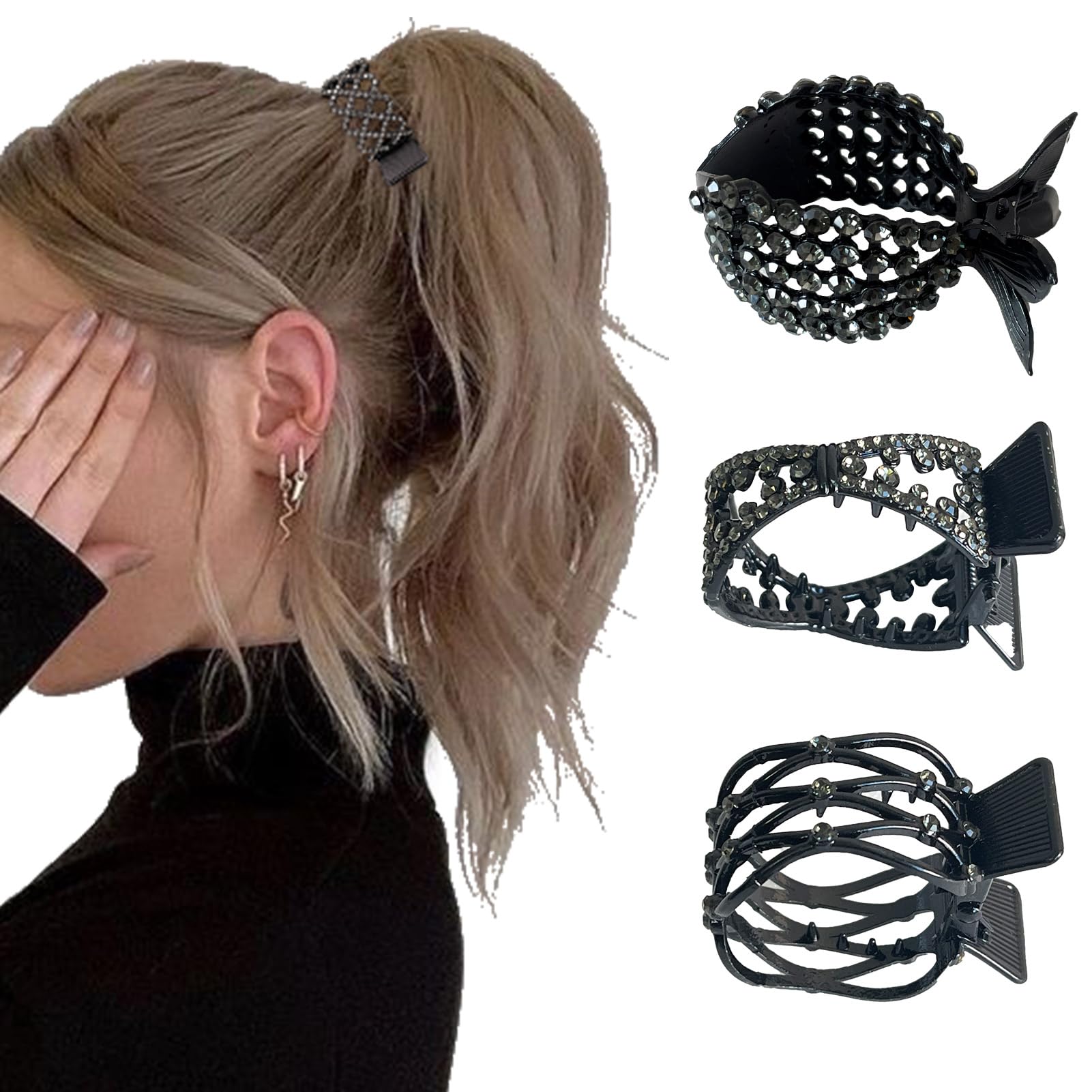 FRDTLUTHW 3Pcs Black Hair Claw Clips - 2 Inch Rhinestone-Embellished Small Metal Claws for Thick Long Hair, Ideal for High Ponyt