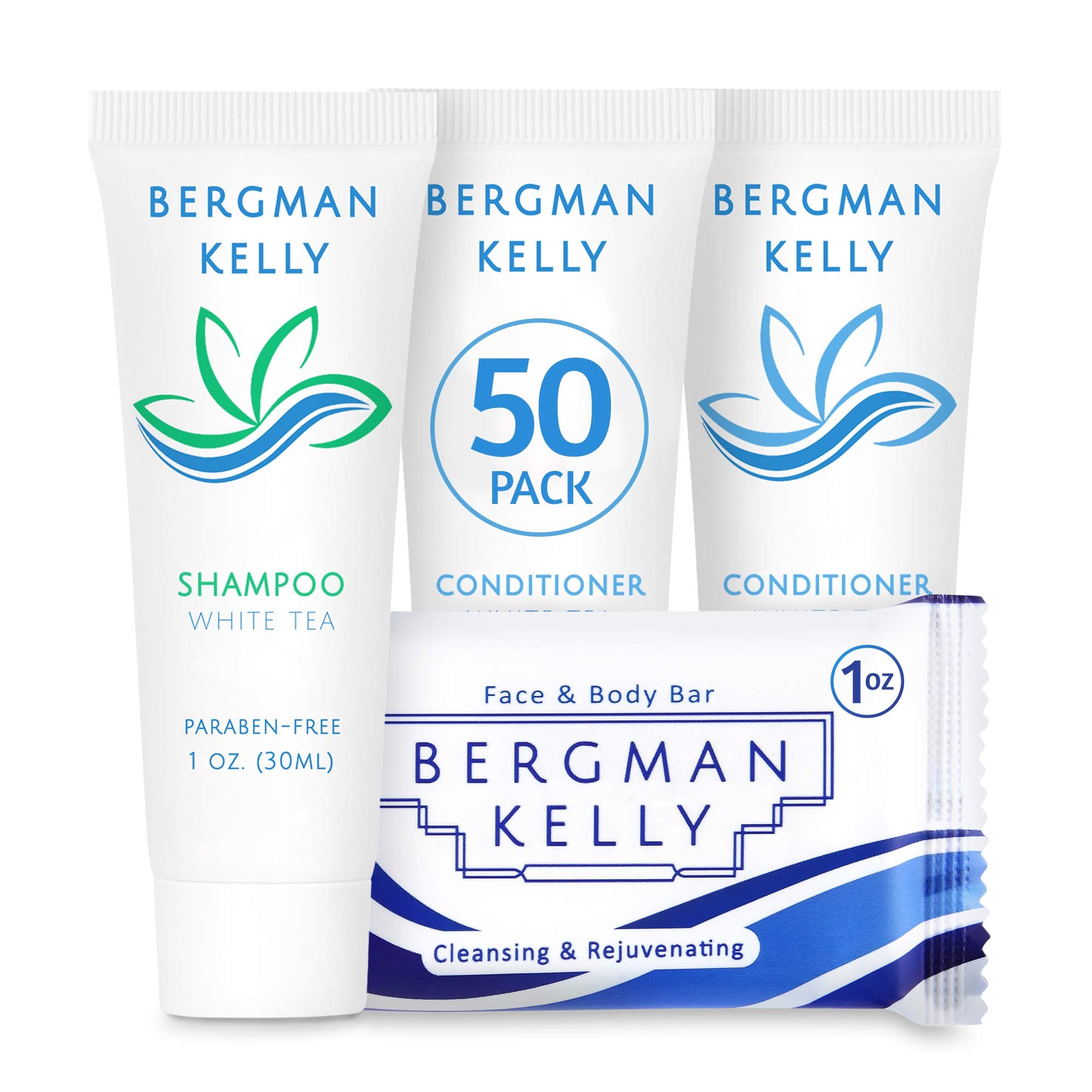 Bergman Kelly Rectangular Sanitary Soap Bars, Shampoo & Conditioner 3-Piece Set (1 Oz Each, 150 Pc, White Tea), Delight Guests W