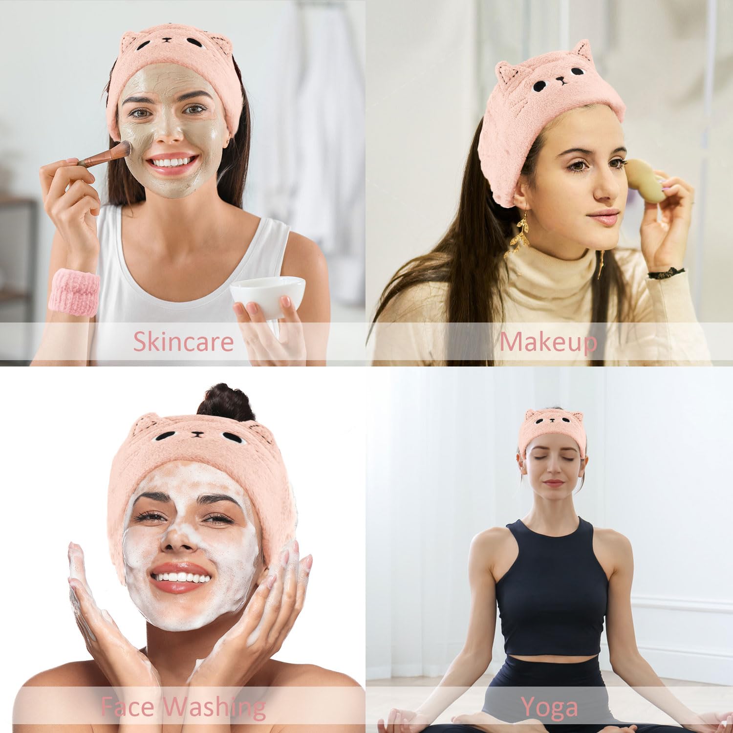 Atoden Cat Ears Spa Headband Wristband Set Cute Animal Skincare Headband Makeup Headband for Washing Face Elastic Face Wash Hair