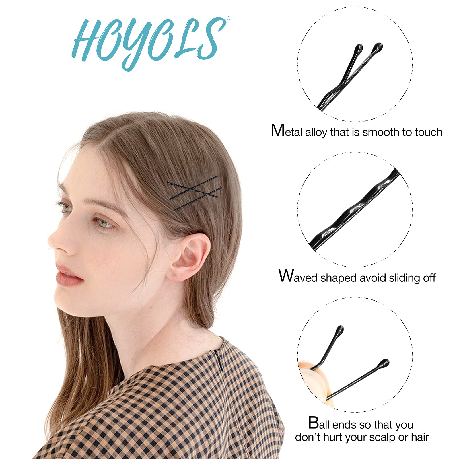 HOYOLS Bobby Pins Black, Premium Hair Pins, Secure Hold Wavy Slide Proof Hair Styling Pins Open Bulk with Case 100 Count, 2 3/8