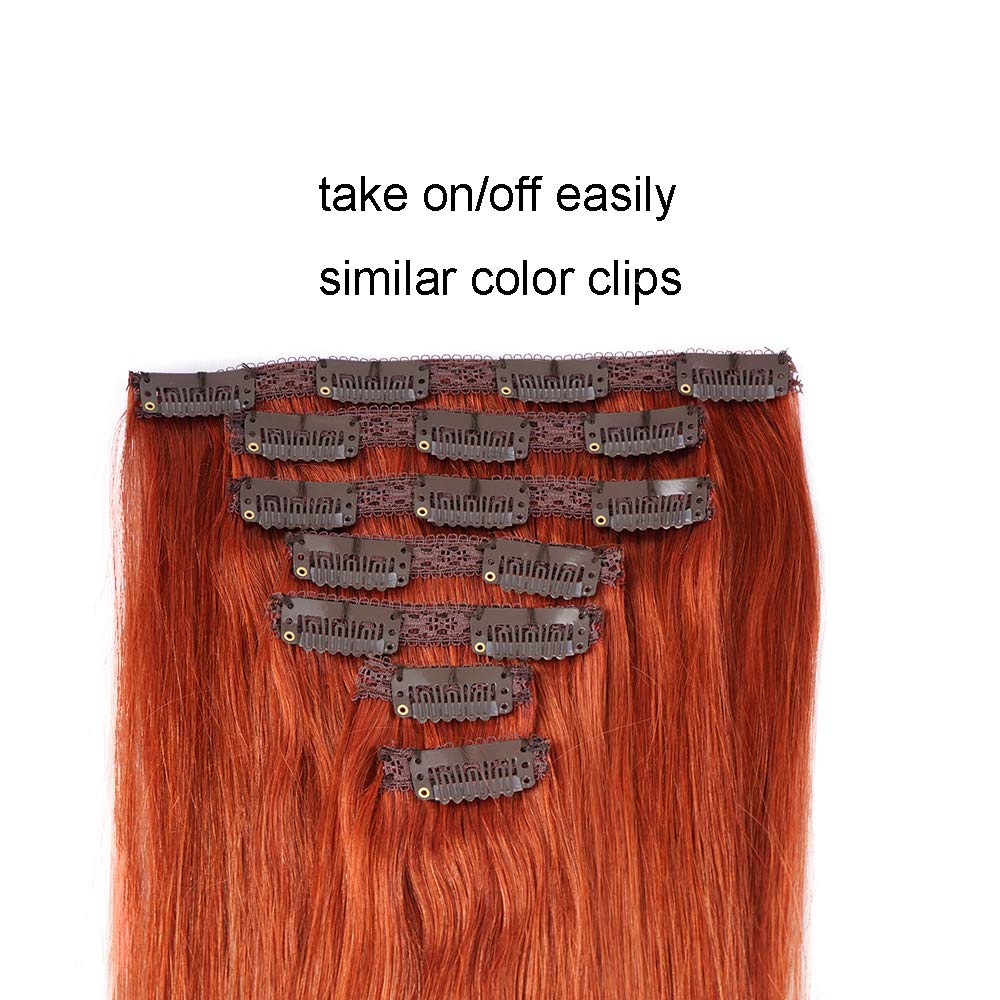 20'' Clip In Human Hair Extensions Full Head 180G 7 Pieces 16 Clips Copper Red Double Weft Brazilian Real Remy Hair Extensions T