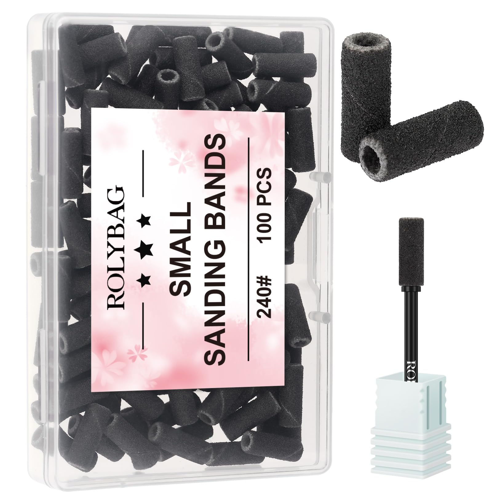 Rolybag 100pcs Small Sanding Bands Nail Drill Bits 240 Extreme Fine Grit Nail File Sanding Bands with 3.1mm Mandrel Bit for Acry