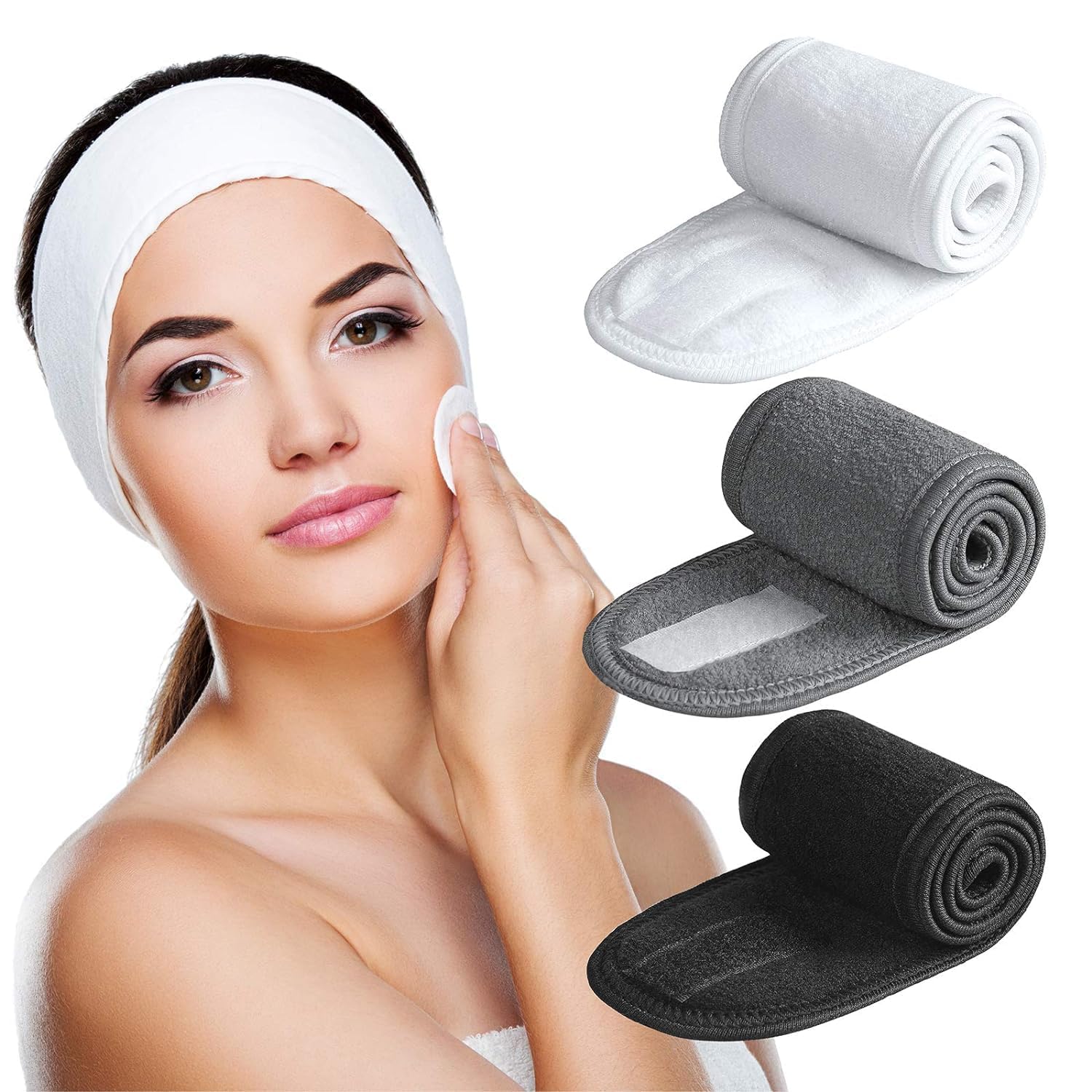 Ghelonadi Facial Spa Headband 3 Counts Adjustable Makeup Hair Band with Magic Tape,Head Wrap for Face Care, Makeup and Sports