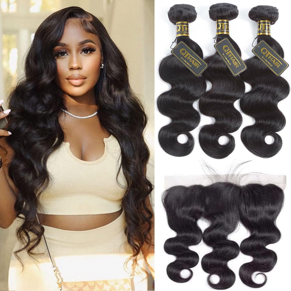 Qthair 14A Body Wave 3 Bundles With Frontal Human Hair Bundles With Lace Frontal (16'' 18'' 20''+16'', Natural Black) Brazilian
