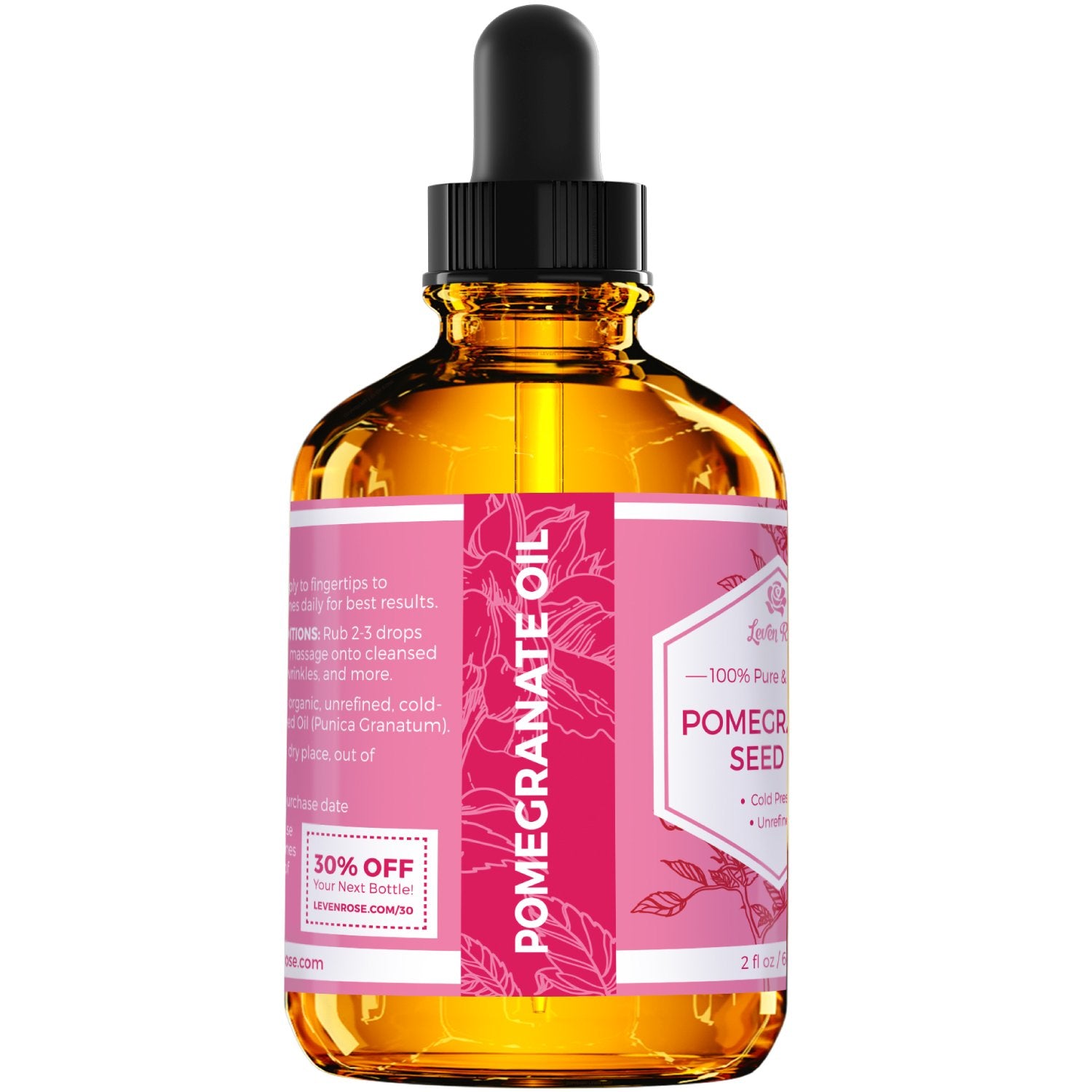 Leven Rose Pomegranate Seed Oil, 100% Pure Unrefined Cold Pressed Antioxidant Moisturizer For Hair Skin And Nails 2 Oz