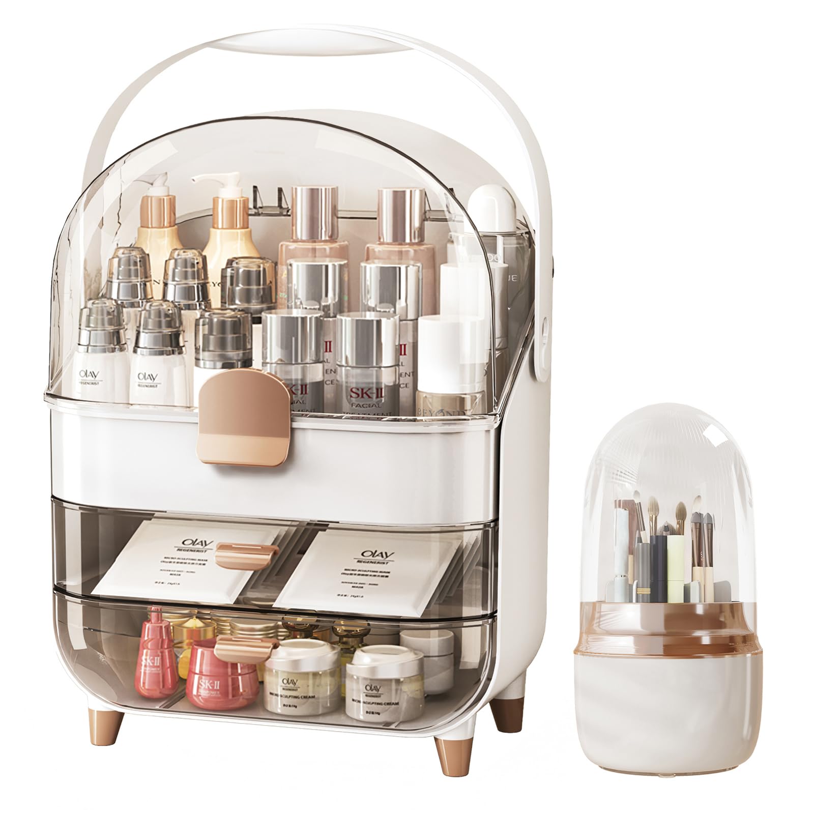 TooCust Cosmetics Organizer Set with Brush Holder - Skincare Holder Bathroom Counter Organizer with Drawers, Cosmetic Display Ca