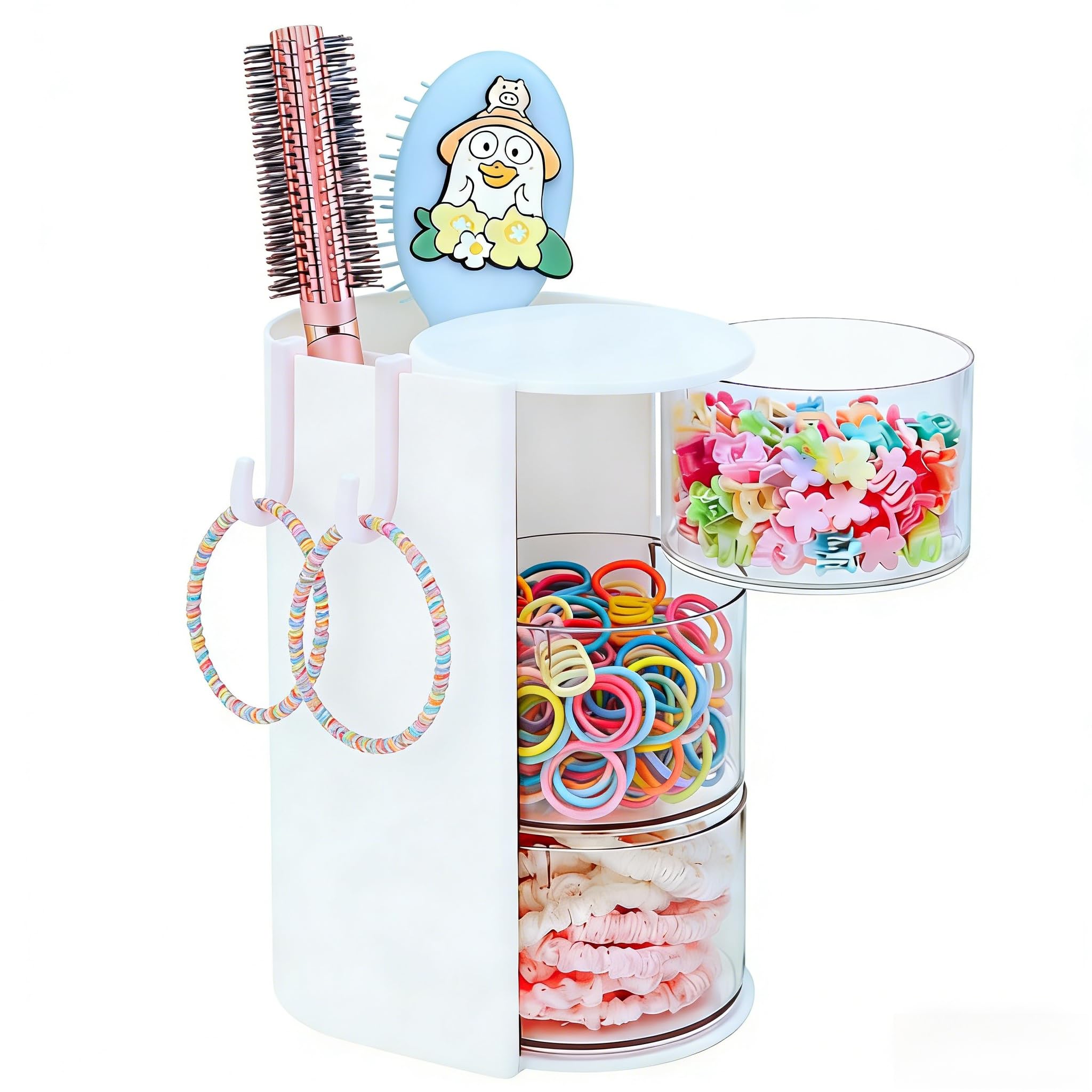 Lukzeezo Hair Accessories Organizer with 2 Hooks,Hair Brush Holder, 3 Drawer Rotatable Hair Tie Organizer for Makeup Brushes (Wh