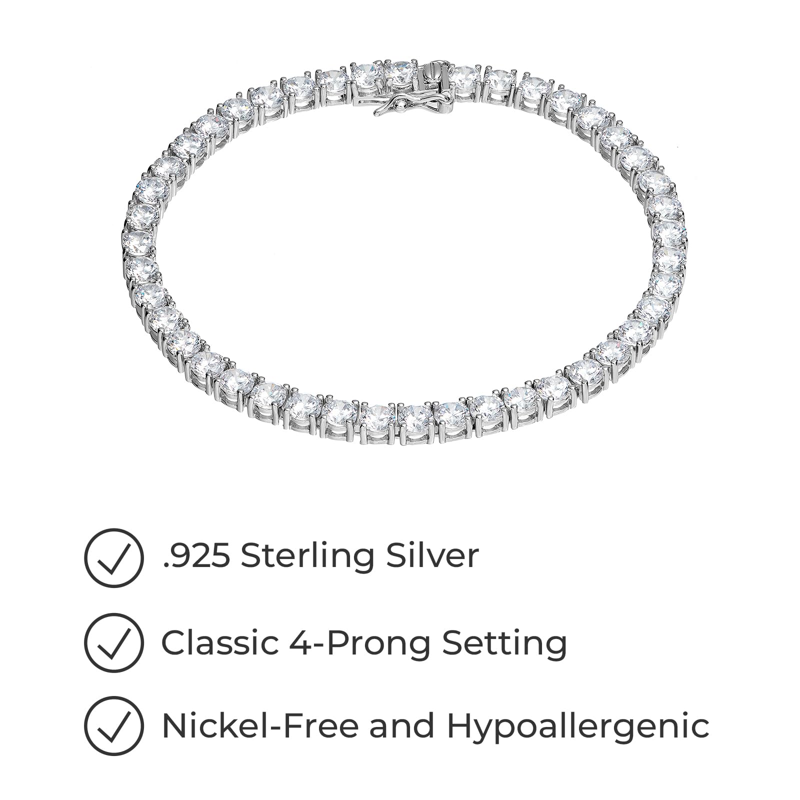 Amazon Essentials Platinum Plated Sterling Silver Round Cut Cubic Zirconia Tennis Bracelet (4mm), 7.5 (previously Amazon Collect