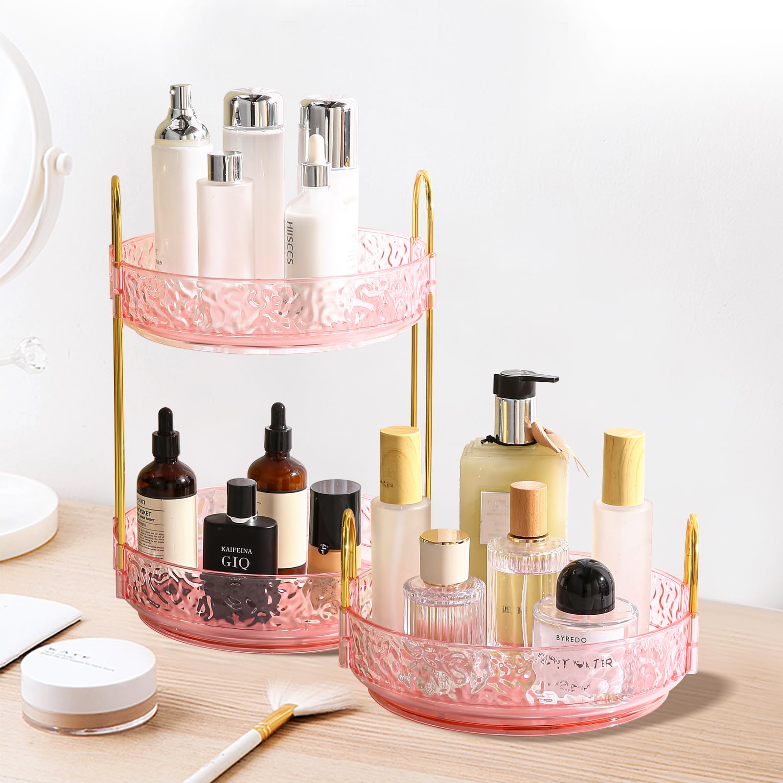 Fangoo 3 Tiers Pink Rotating Makeup Organizer For Vanity, 360 Spinning Skincare Organizers For Dresser Perfume Organizer Large S