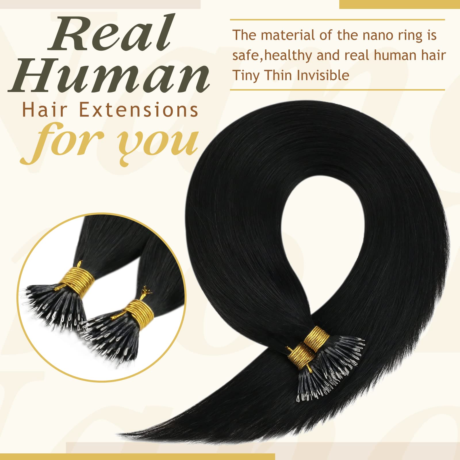 [Keep Texture] Sunny Nano Human Hair Extensions Black Nano Hair Extension Beads Jet Black Hair Extensions Nano Ring Natural-look