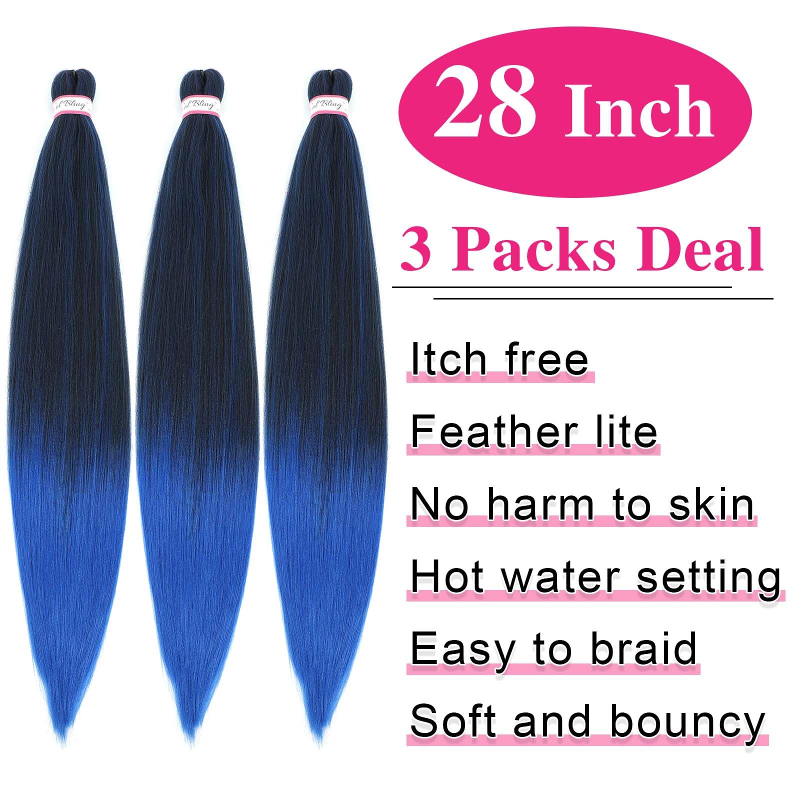 Col Bling Braiding Hair Pre Stretched 28 Inch 3 Packs Braiding Hair Yaki Texture Prestretched Crochet Hair Braids 1B/Blue