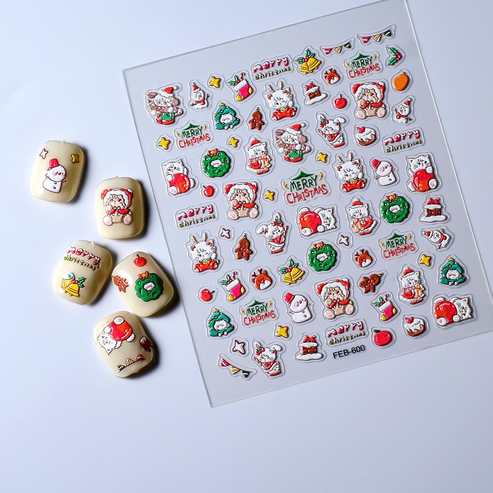 Christmas Nail Art Stickers 5D Embossed Snowman Nail Stickers Self-Adhesive Snowflake Santa Claus Christmas Wreath Nail Decals F