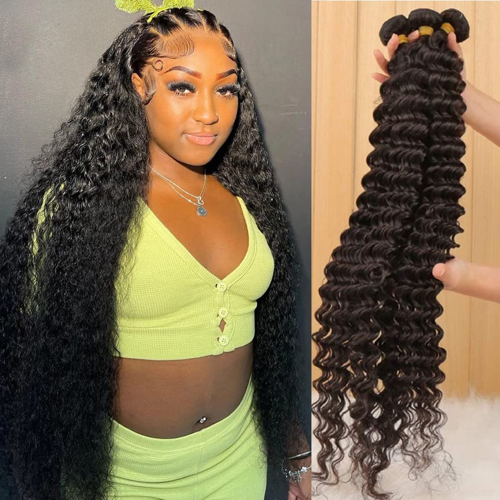 Brazilian Human Hair Deep Wave 3 Bundles 16 18 20 Human Hair 12A Grade 100% Unprocessed Virgin Remy Deep Curly Wave Extensions H