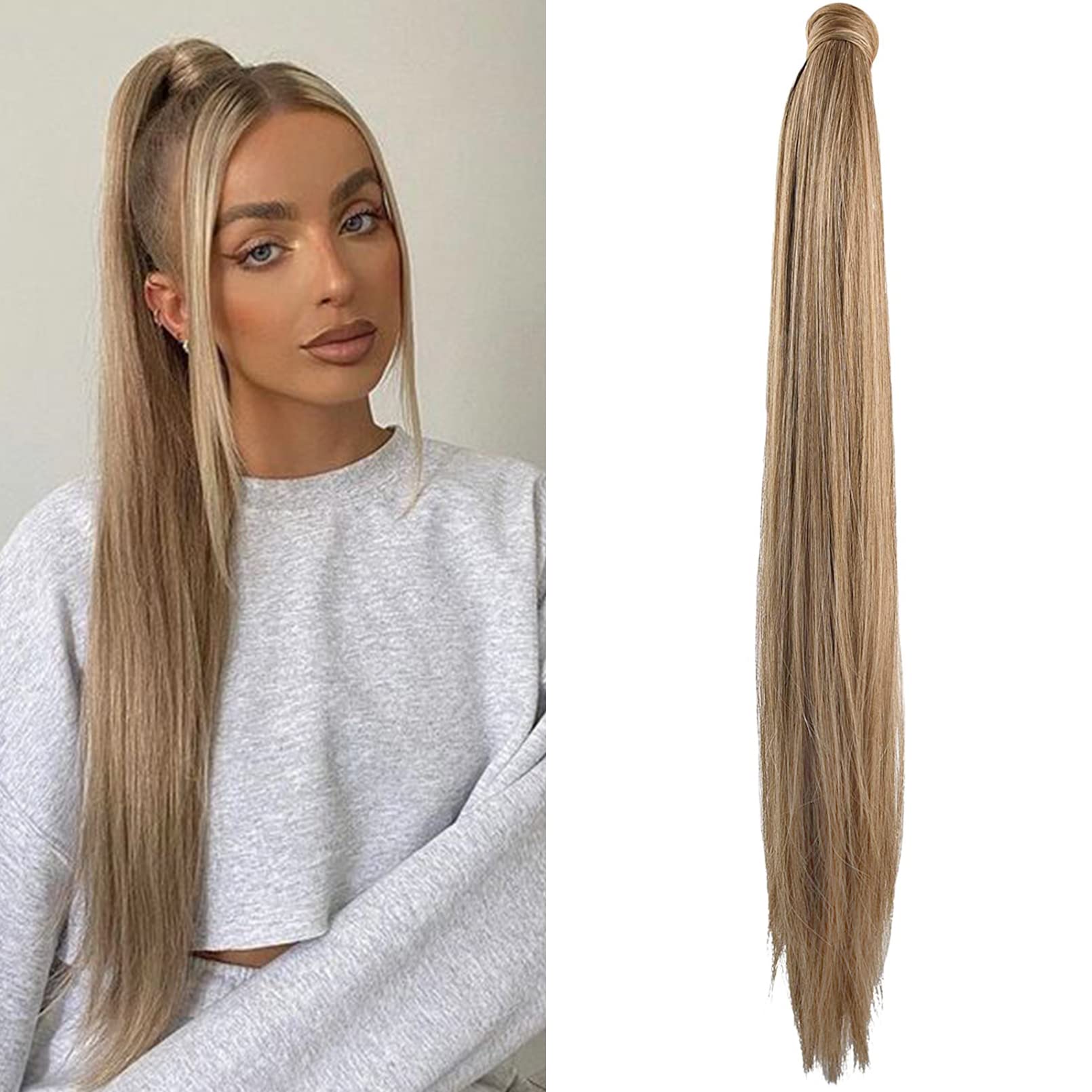 SEIKEA 28 Inch Clip in Ponytail Extension Wrap Around Long Straight Pony Tail Hair Synthetic Hairpiece for Women Color Ash Blond