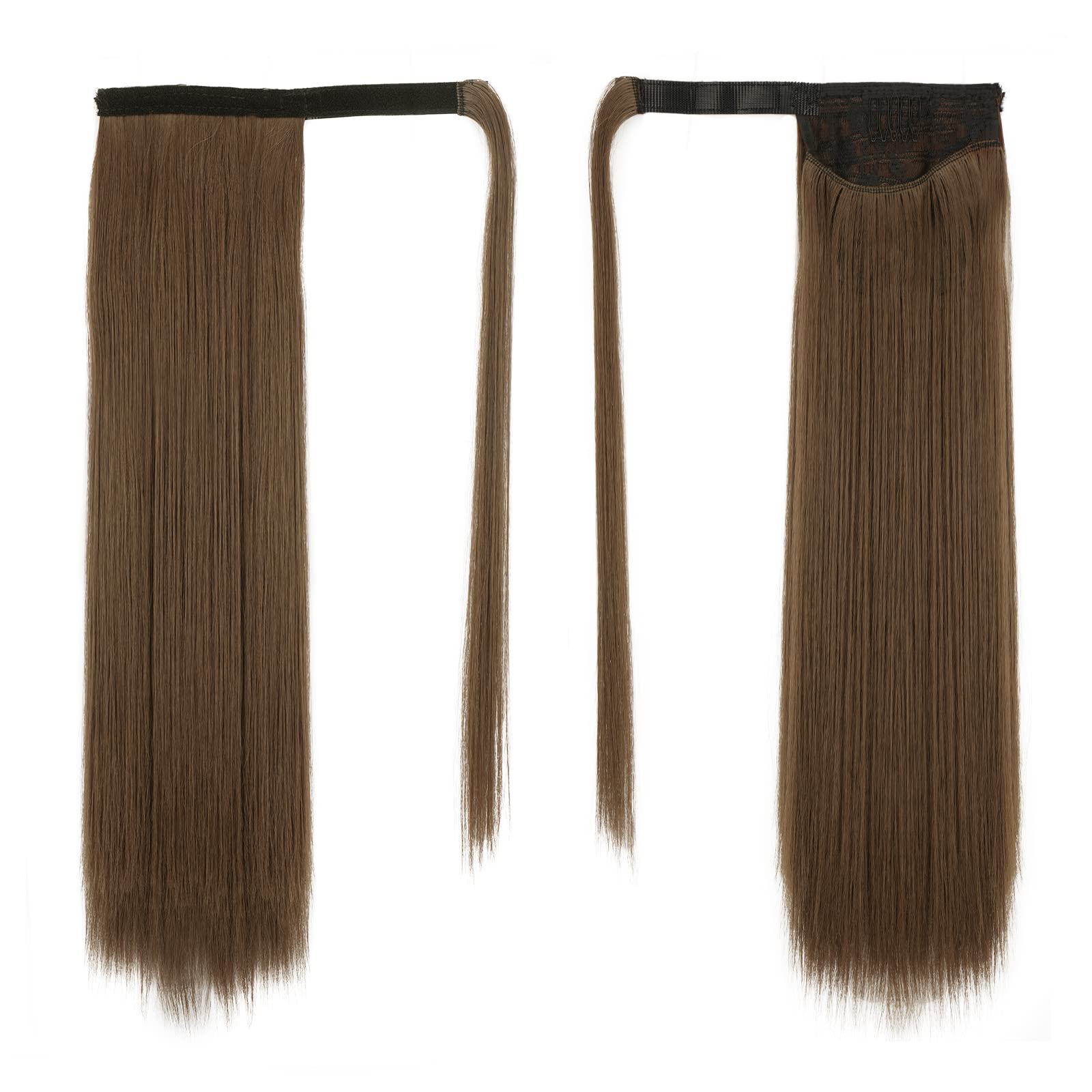 BARSDAR 18 Inch Ponytail Extension Long Straight Wrap Around Clip in Synthetic Fiber Hair for Women -Golden Brown