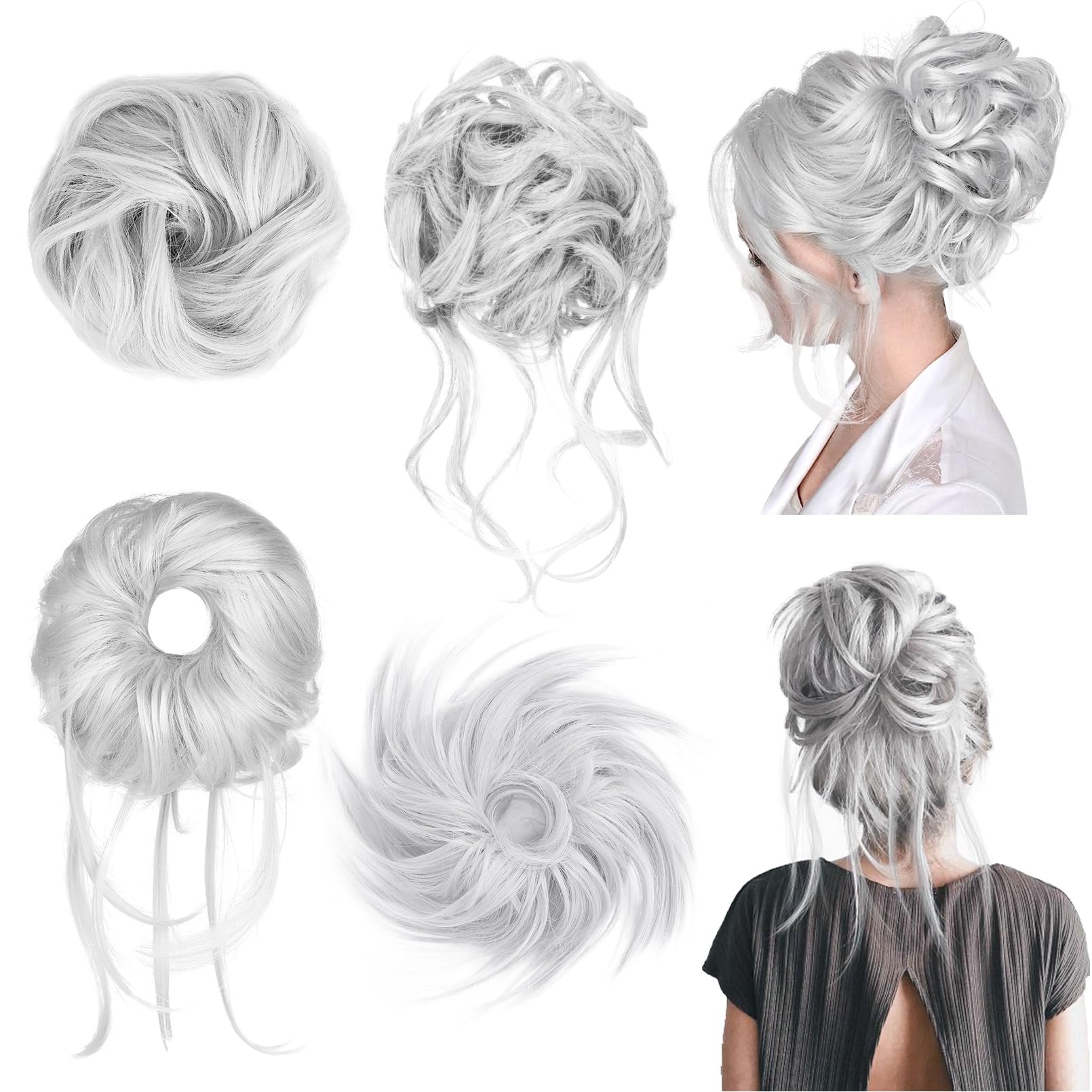 HOOJIH Messy Bun Hair Pieces, 4 Pieces Messy Bun Straight Bun Hair Pieces for Women Wavy Tousled Updo Short Ponytail Hair Extens