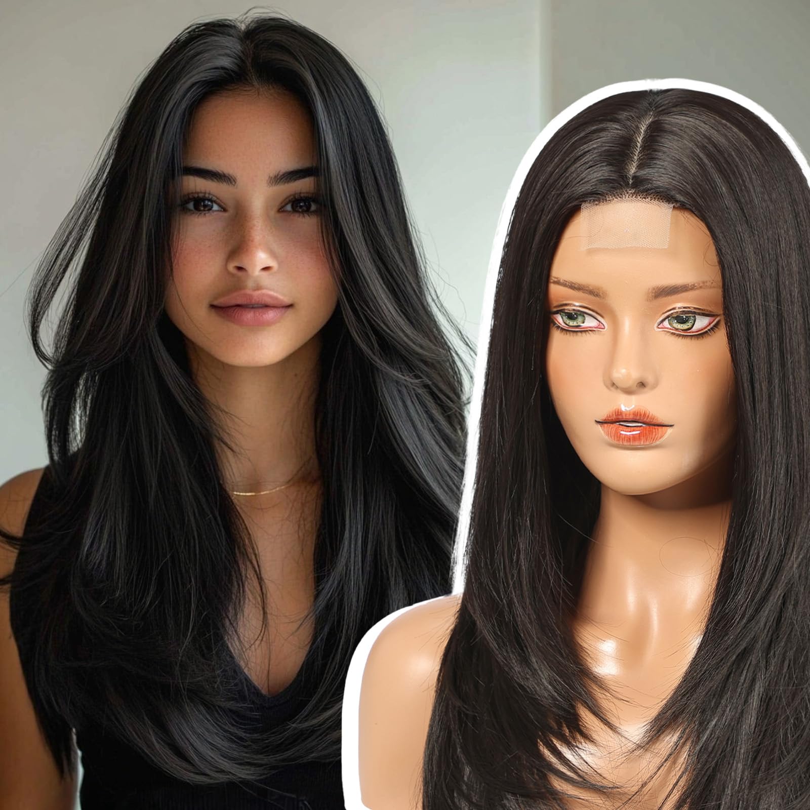 EMMOR Long Layered Wigs,Natural Central Lace Bob, Premium Heat-Resistant Synthetic Straight Wigs for Women Daily Use(Natural Bla