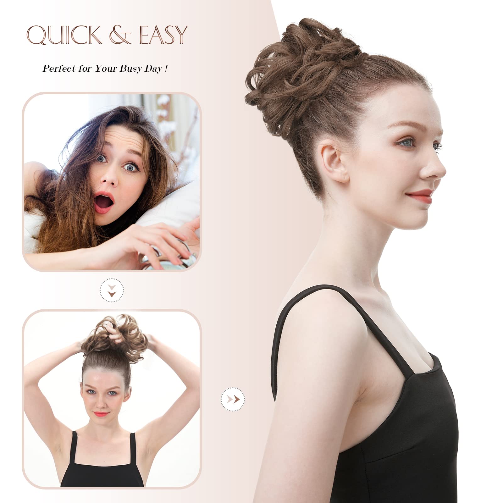 FESHFEN Messy Bun Hair Piece Hair Bun Scrunchies Golden Brown Synthetic Wavy Curly Chignon Ponytail Hair Extensions Thick Updo H
