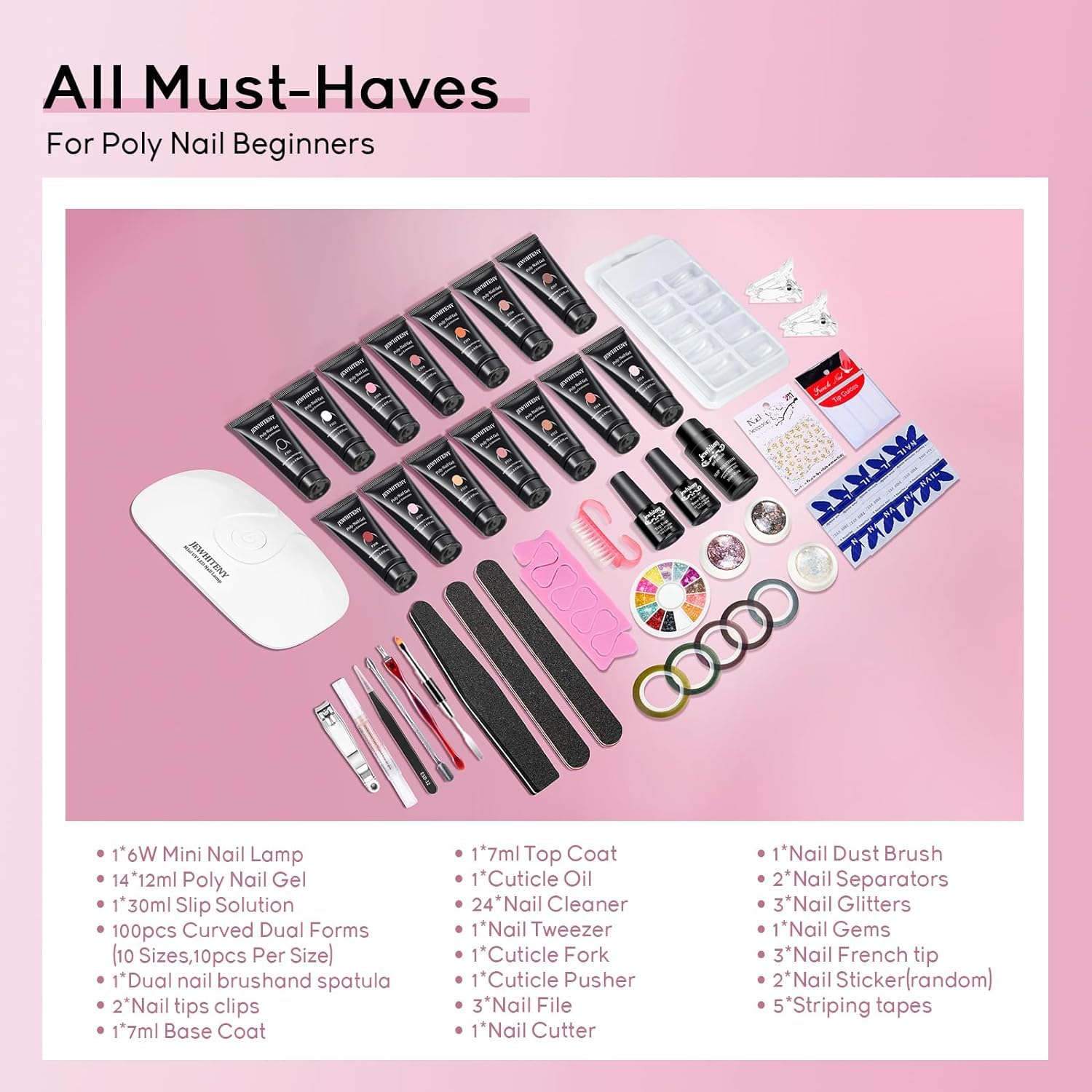 JEWHITENY Poly Extension Gel Nail Kit 14 PCS Poly Gel With Mini Nail Lamp Poly Nail Gel Kit with Slip Solution Basic Poly Gel Na