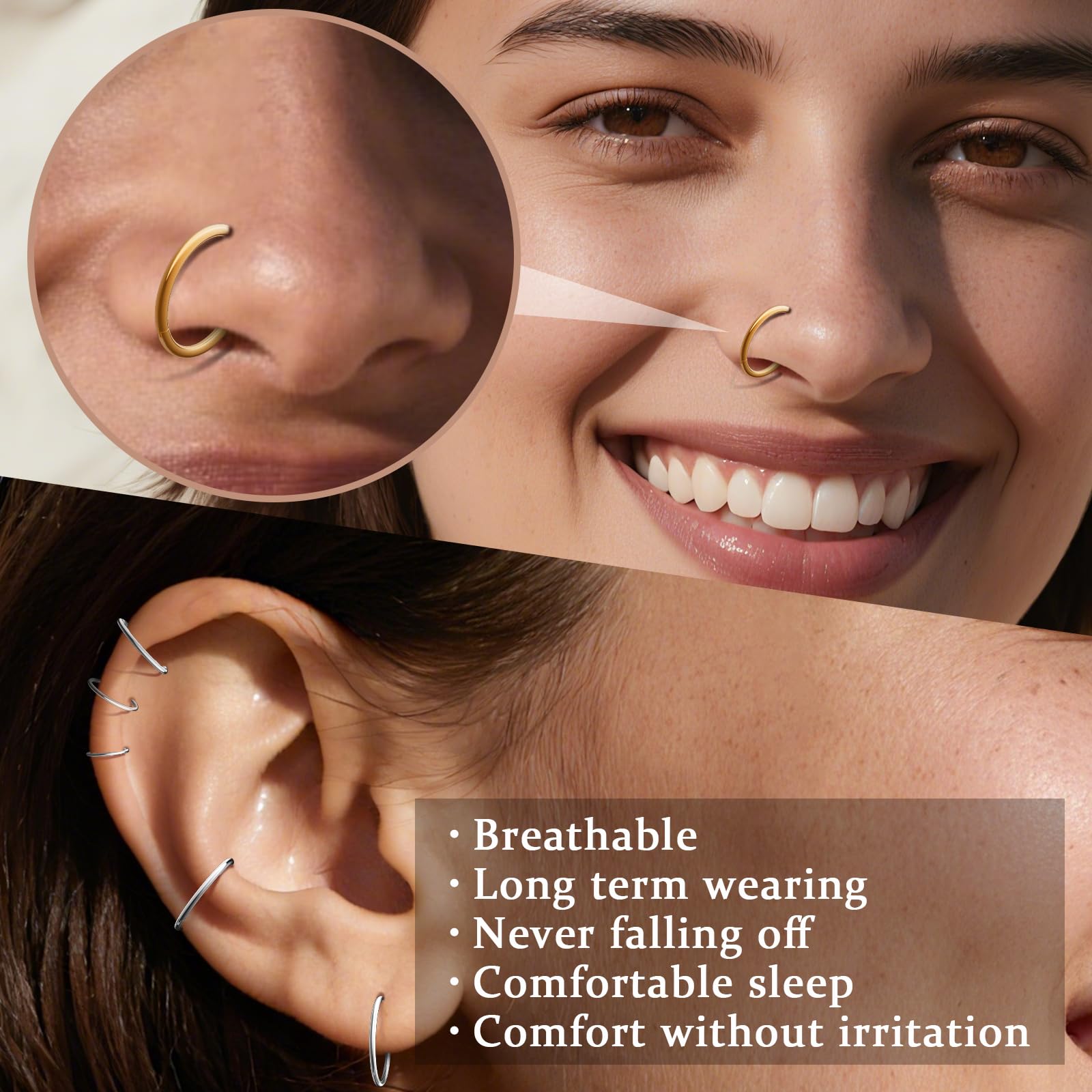 Hypoallergenic Nose Rings Hoops Set for Women Men: 8Pcs 18G Gold/Silver 316L Surgical Stainless Steel Nose Hoops Hinged Clicker