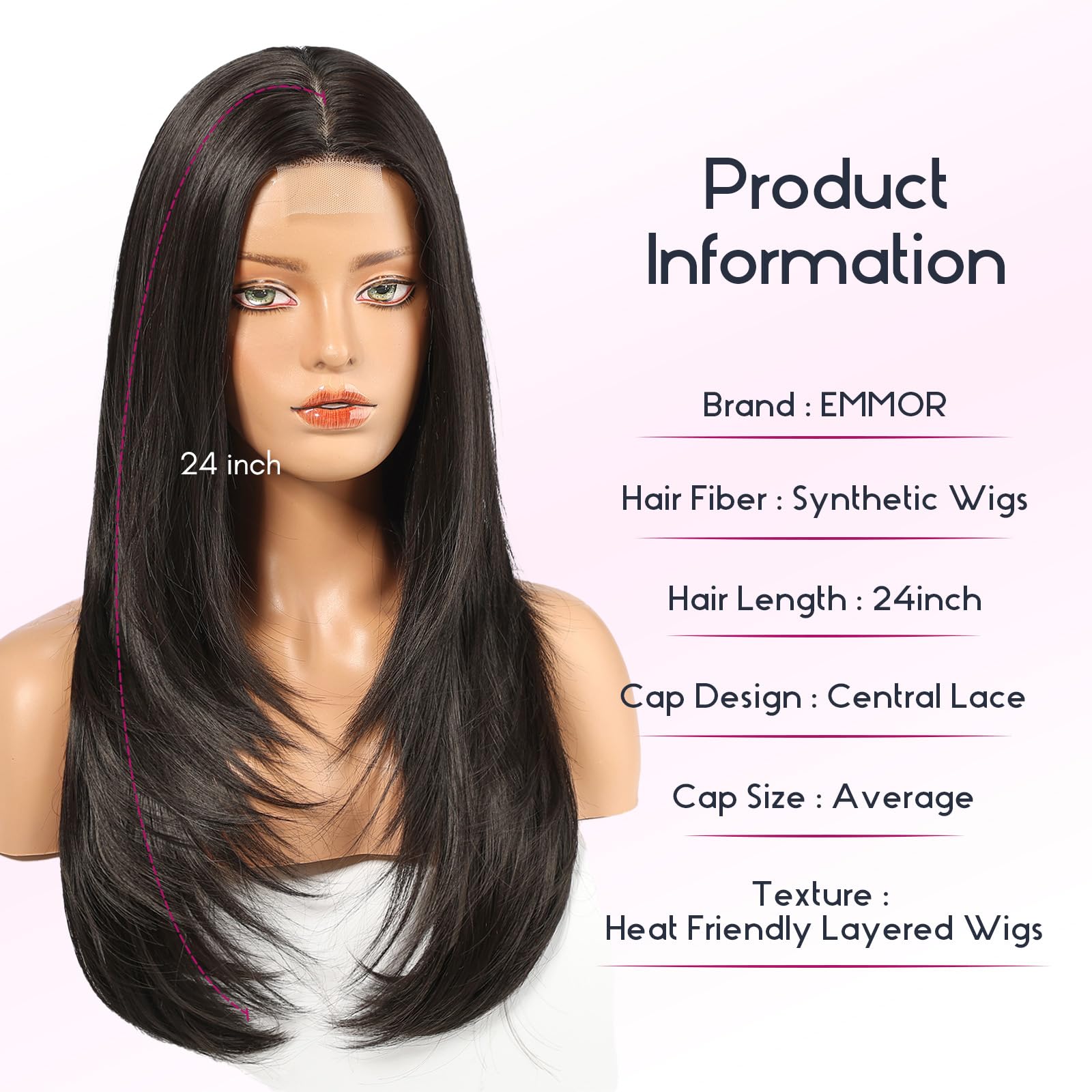 Emmor Long Layered Wigs,Natural Central Lace Bob, Premium Heat-Resistant Synthetic Straight Wigs For Women Daily Use(Natural Bla