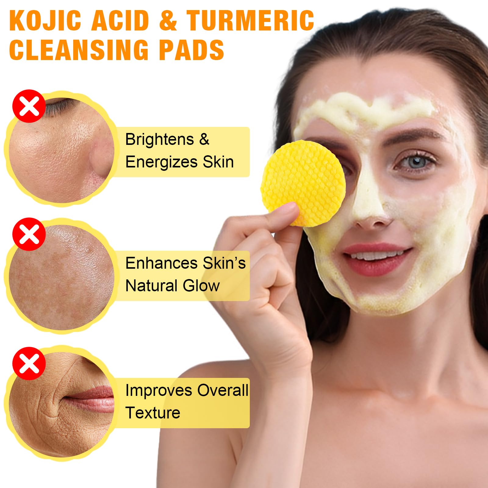 NIFEISHI Turmeric Kojic Acid Cleansing Pads - Exfoliating Face Scrub, 50 Count, Yellow