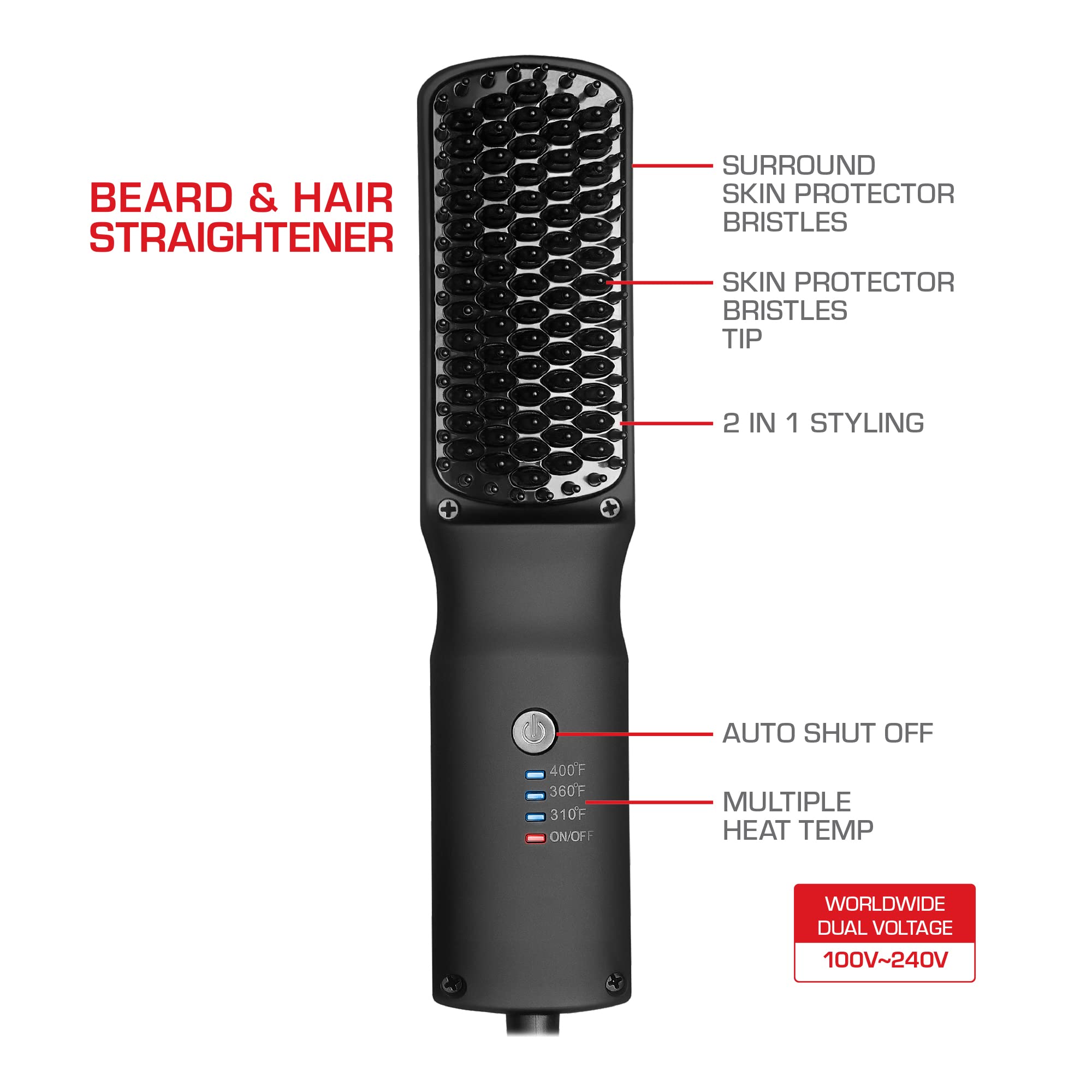 Red By Kiss Beard & Hair Straightener, Secure Auto Shut-Off, 2 In 1 Heated Straightening Beard Brush 360 Degree Swivel Cord Temp