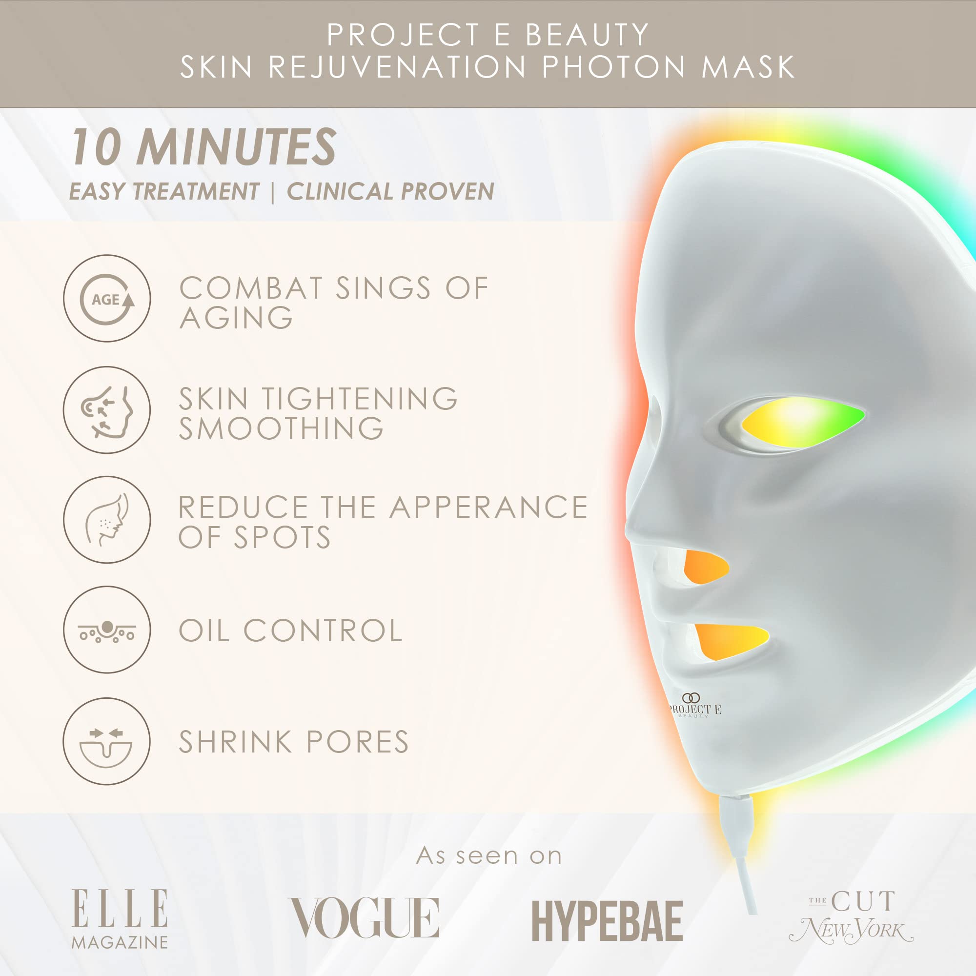Project E Beauty Skin Rejuvenation Photon Mask | Led Face Mask Light Therapy Red Blue Light Anti-Aging Wrinkle Spa Facial Treatm