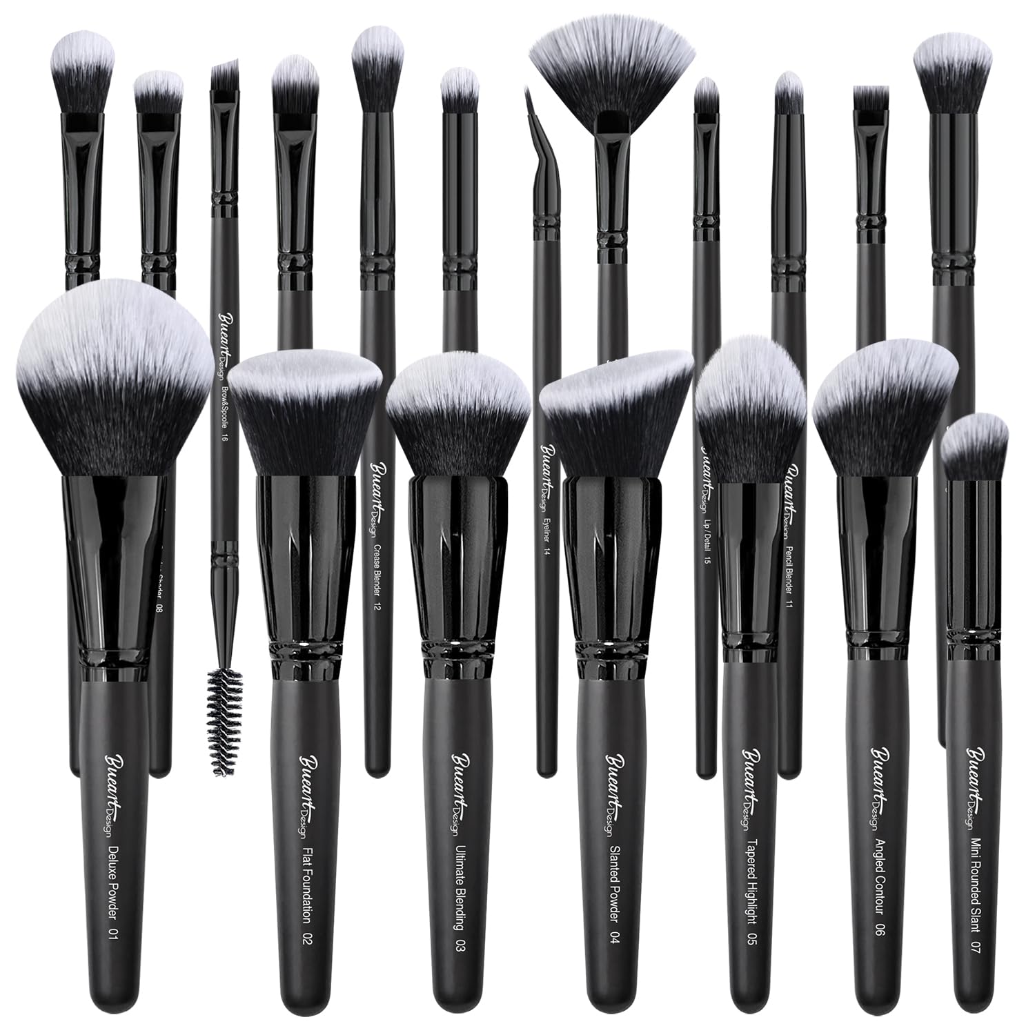 Bueart Design 19Pcs Ultra Soft Black Labeled Dense Hair Makeup Brushes Set Contains Large Powder Flat Foundation Ultimate Blendi