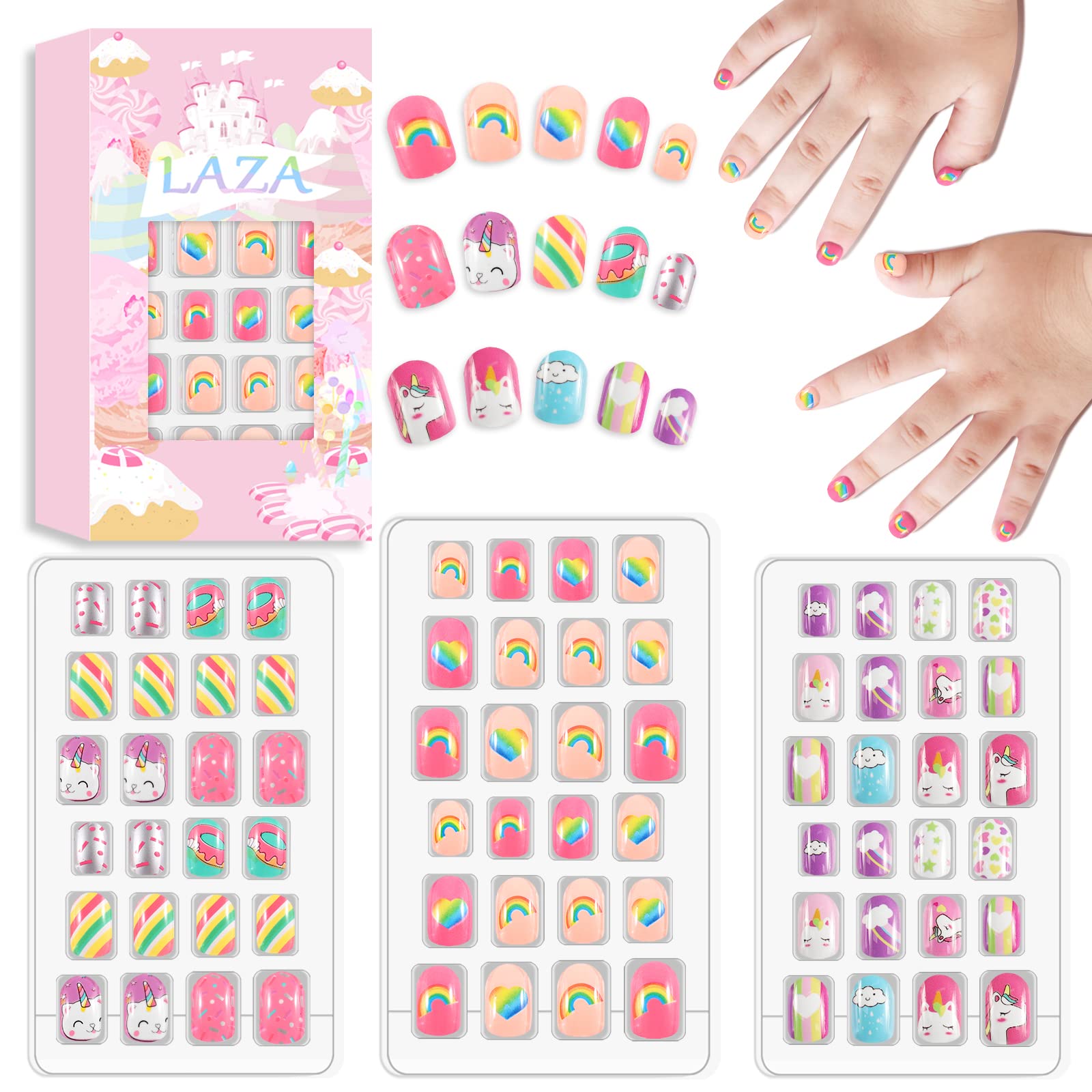 Laza 72pcs Children Nails Press On Pre-glue Full Cover Pink Yellow Blue Heart Doughnut Cloud Unicorn Short False Nail Kits for K