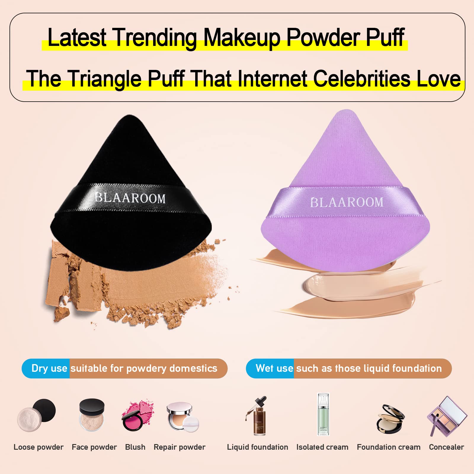 BLAAROOM 6 Pieces Powder Puff Face Makeup Velour Soft Triangle Powder Puffs - for Loose Powder Mineral Powder Body Powder Wet Dr