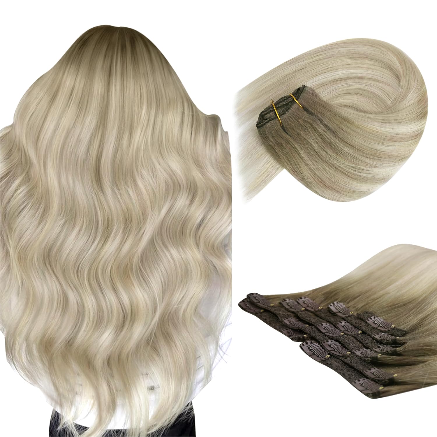 Sunny 150g Ombre Clip in Hair Extensions Blonde Balayage Clip in Human Hair Extensions Ash Blonde Ombre Platinum Blonde Long Hai